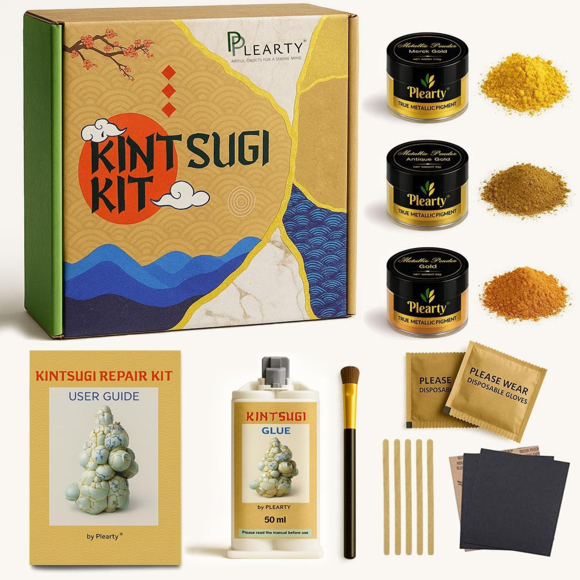 Plearty Bio Kintsugi Repair Kit - 50ml Food Safe Epoxy Resin - Dishwasher Proof - 60g Metallic Gold Mica Powder 15-Page Guide of The Most Complete and Durable Modern Kintsugi kit for Beginners