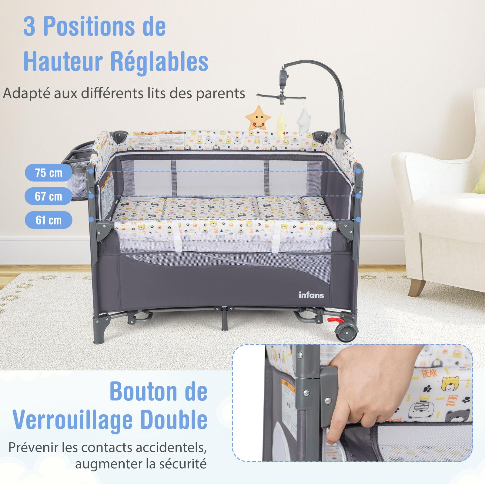 GOPLUS Cuna Lateral a la Cama, con Cambiador, Cojín Suave, Soporte para Juguetes y Espacio de Almacenamiento, Ajustable en Altura, Parque para Bebé de 0-9 Meses con 2 Ruedas y Bolsa (Gris)