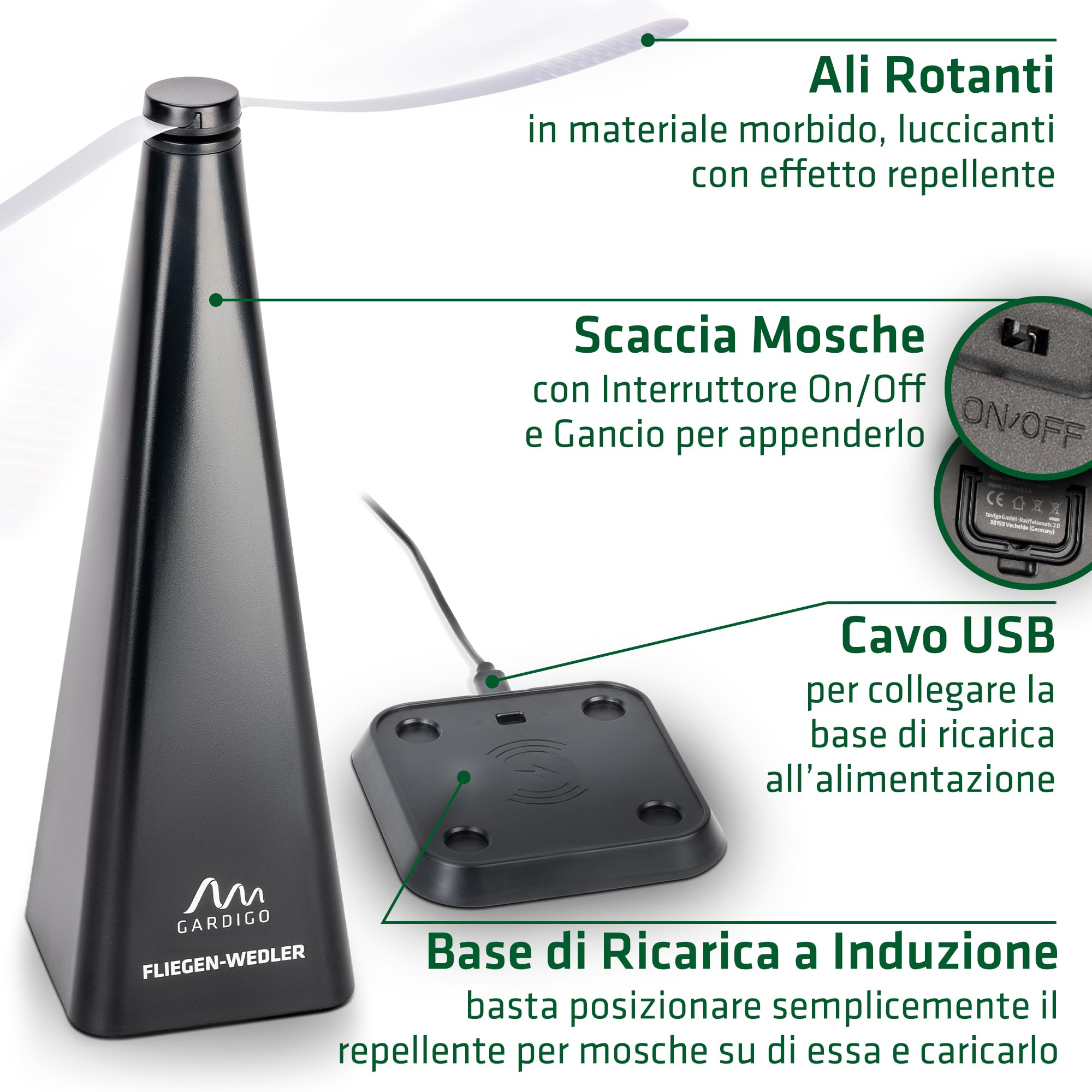GARDIGO® 2x Repellente Mosche Professionale | con Base per Ricarica USB | Scaccia Mosche da Tavolo, Cibo | per Casa, Giardino, Ristoranti, Hotel, Catering | Ventilatore Anti Mosche | Esterno, Interno