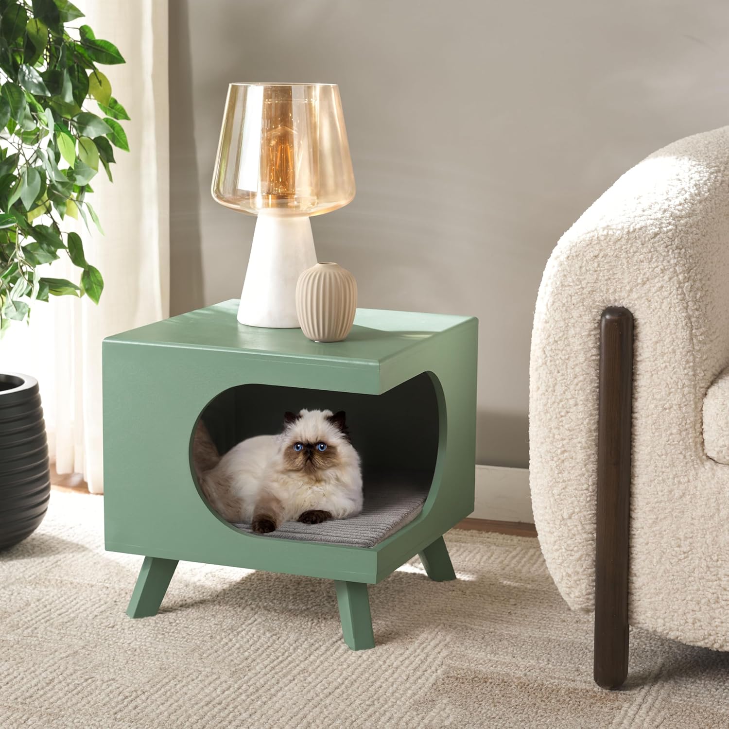 SAFAVIEH Home Collection Bean Mid-Century Sage Green Square Covered Cave Small Pet Cat Bed (Fully Assembled)