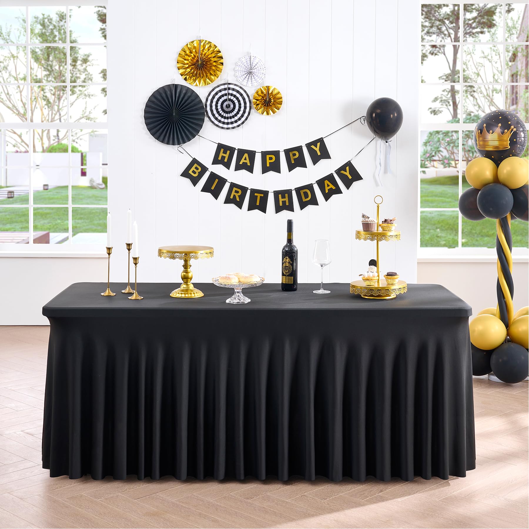 NSSONBEN Set van 4 zwarte spandex tafelkleden voor 180 cm rechthoekige tafels, kreukvrij stretch tafelkleed met rok voor banket, feest, bruiloft, verjaardag, vergadering, display, decoratie