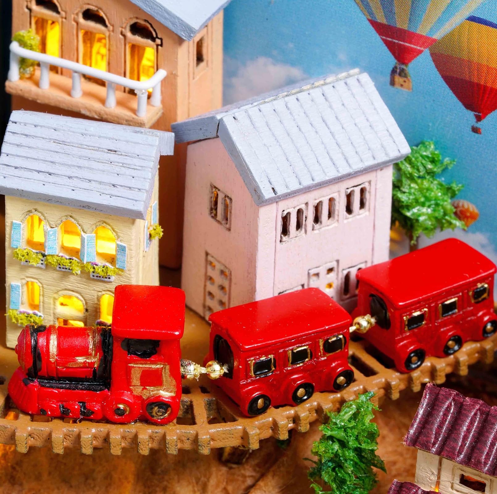 Zestaw do samodzielnego wykonania, miniaturowe drewniane puzzle 3D, dekoracja do regału, mini balon na gorące powietrze, zestaw do budowania domku dla lalek, kreatywne rzemiosło ze światłami