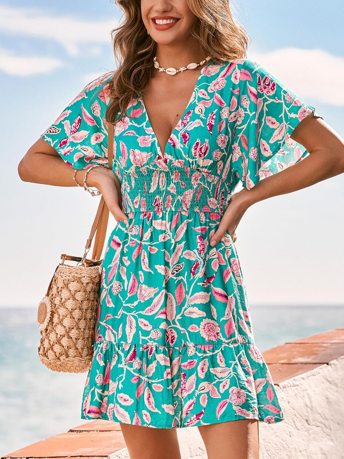 CUPSHE Women Summer Dress Plunging Neck Ruffle Sleeve Beach Vacation Mini Dress Smocked Elastic Waist Casual Sun Dress - Image 7