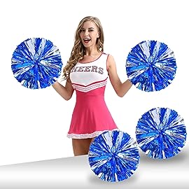 Ueerdand Pack of 4 Cheerleading Pom Poms Foil Plastic Metallic Cheerleader Pom Poms for Cheer Sport Kids Adults Team Spirit Cheering (Blue/Silver)