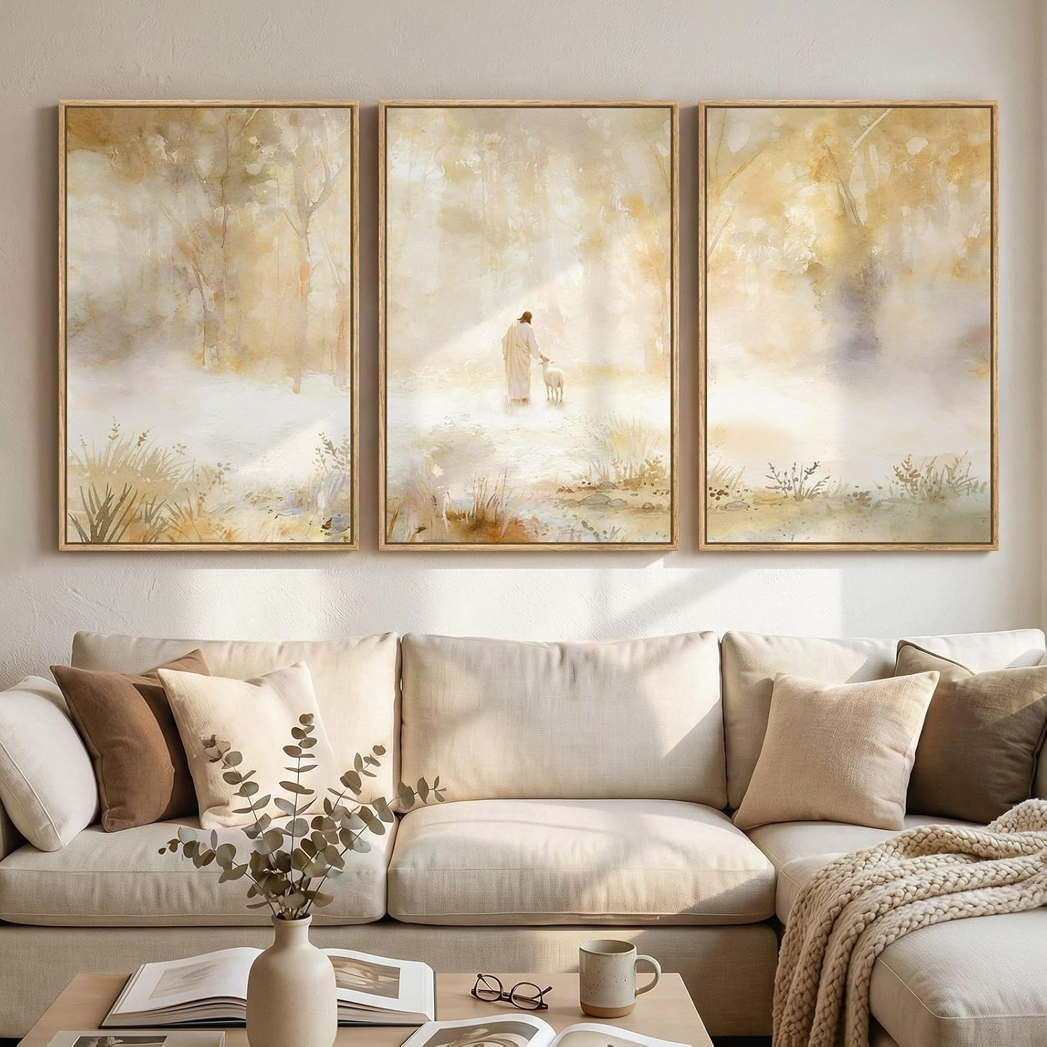 Large Framed Christian 3 Piece Wall Art, Jesus Leaves the 99 Sheep Canvas Prints, Neutral Gold Forest Misty Landscape, Modern Religious Artwork for Living Room Dining Room Office Wall Decor, 24x36 In