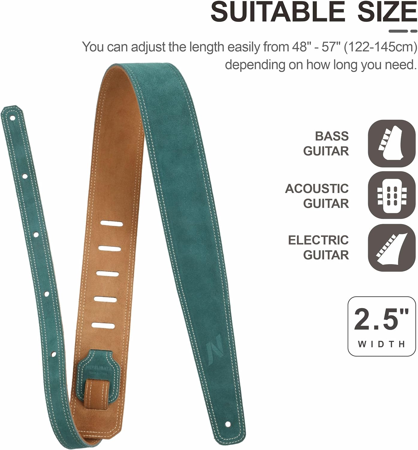 Nefelibata Guitar Strap, 2.5" Wide Bavarian Tumbled Leather Guitar Straps with Foam Padding and Cable Storage Loop, for Kids, Men and Women, for Acoustic, Bass and Electric Guitars（Vintage Green）