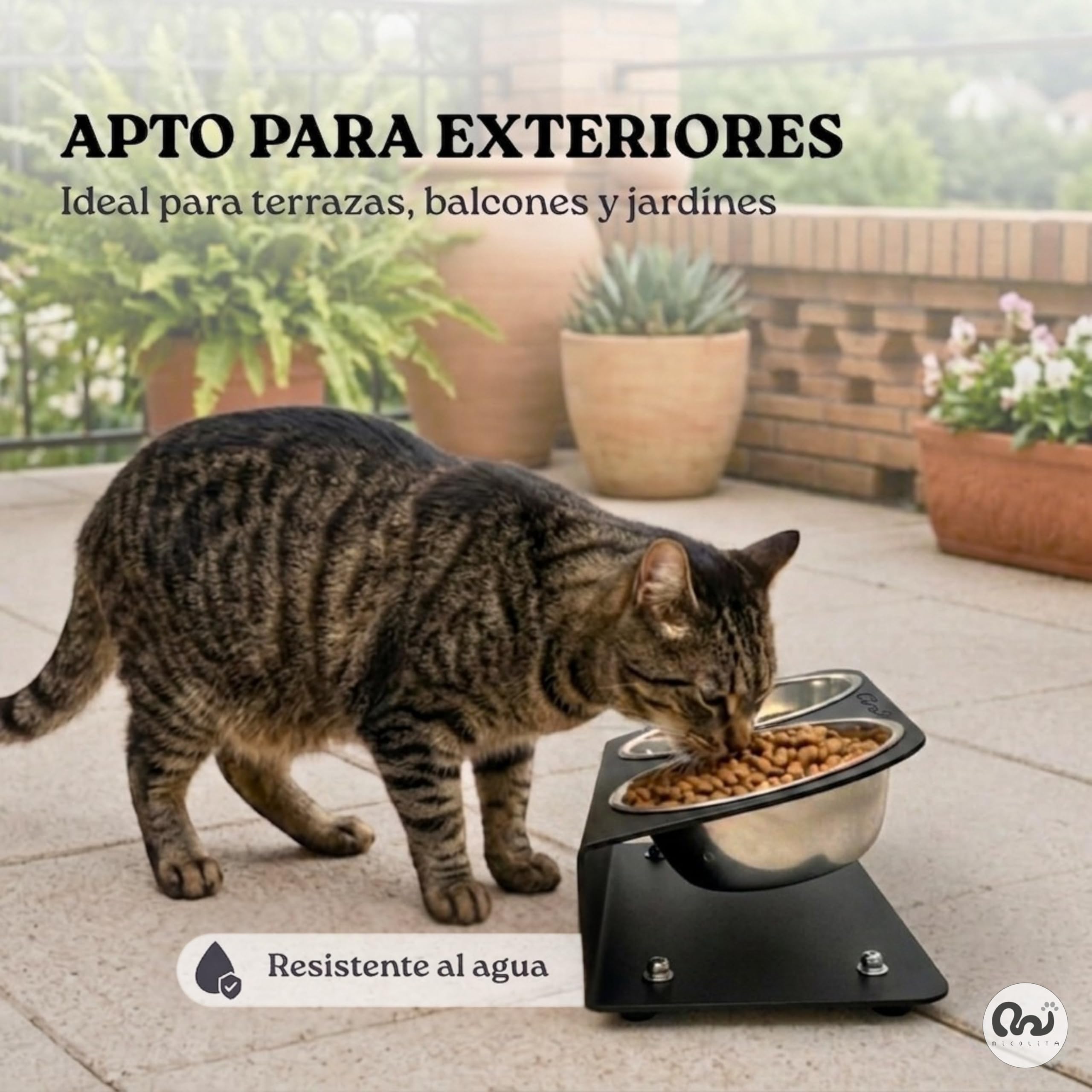 Comedero Perro Elevado para Perros Pequeños, Comedero Gato Elevado Antideslizante y Antibacteriano, Cuencos de Acero Inoxidable, Diseñado y Fabricado en España (Negro, S)