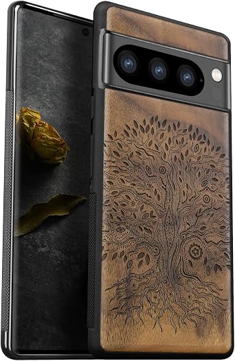 Carveit Wood Case for Pixel 8 Pro Case [Natural Wood & Black Soft TPU] Shockproof Protective Unique Wooden Cover Compatible with Google Pixel 8 Pro Line Art Tree-Walnut