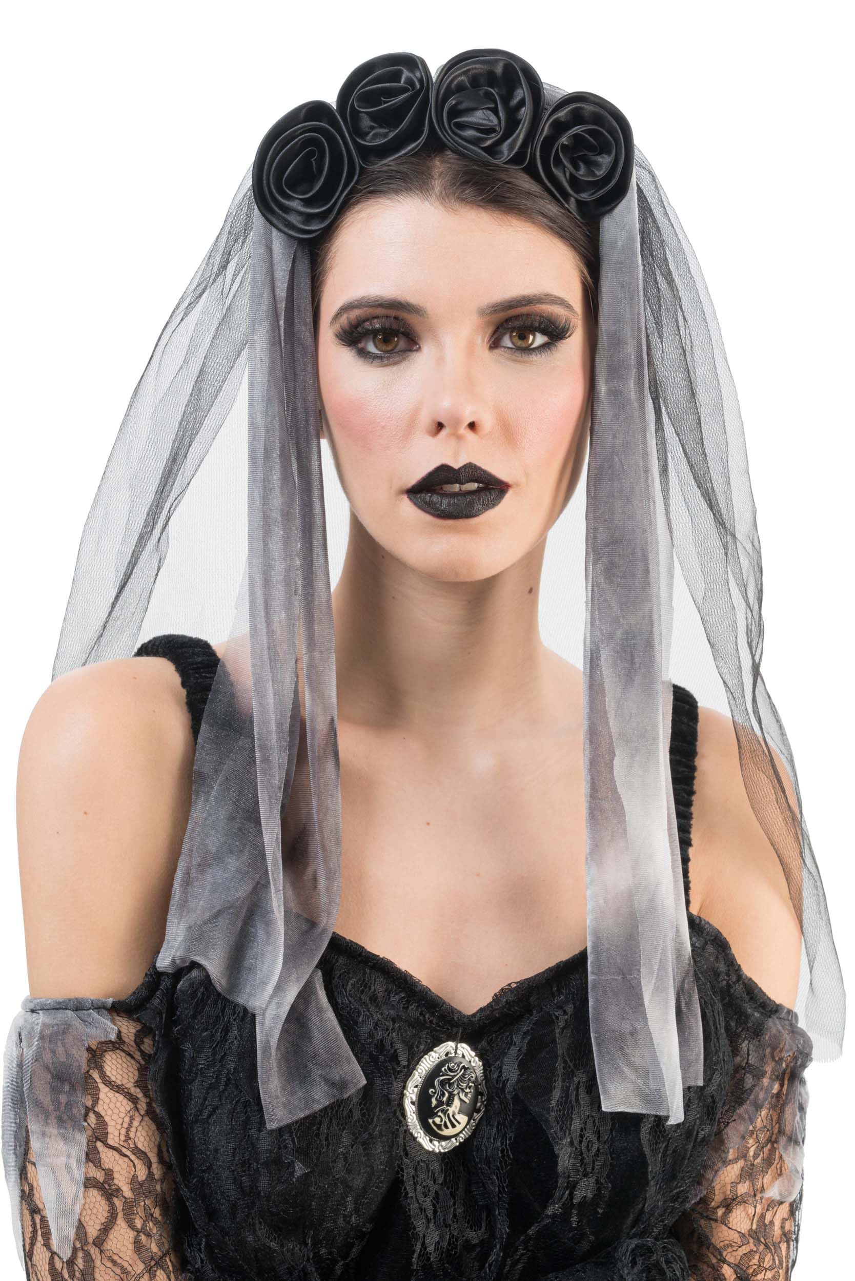 Chaks - Abito gotico da donna in 2 pezzi, matrimonio, velluto e pizzo, cerchietto con rose, set di costumi per Halloween e Carnevale