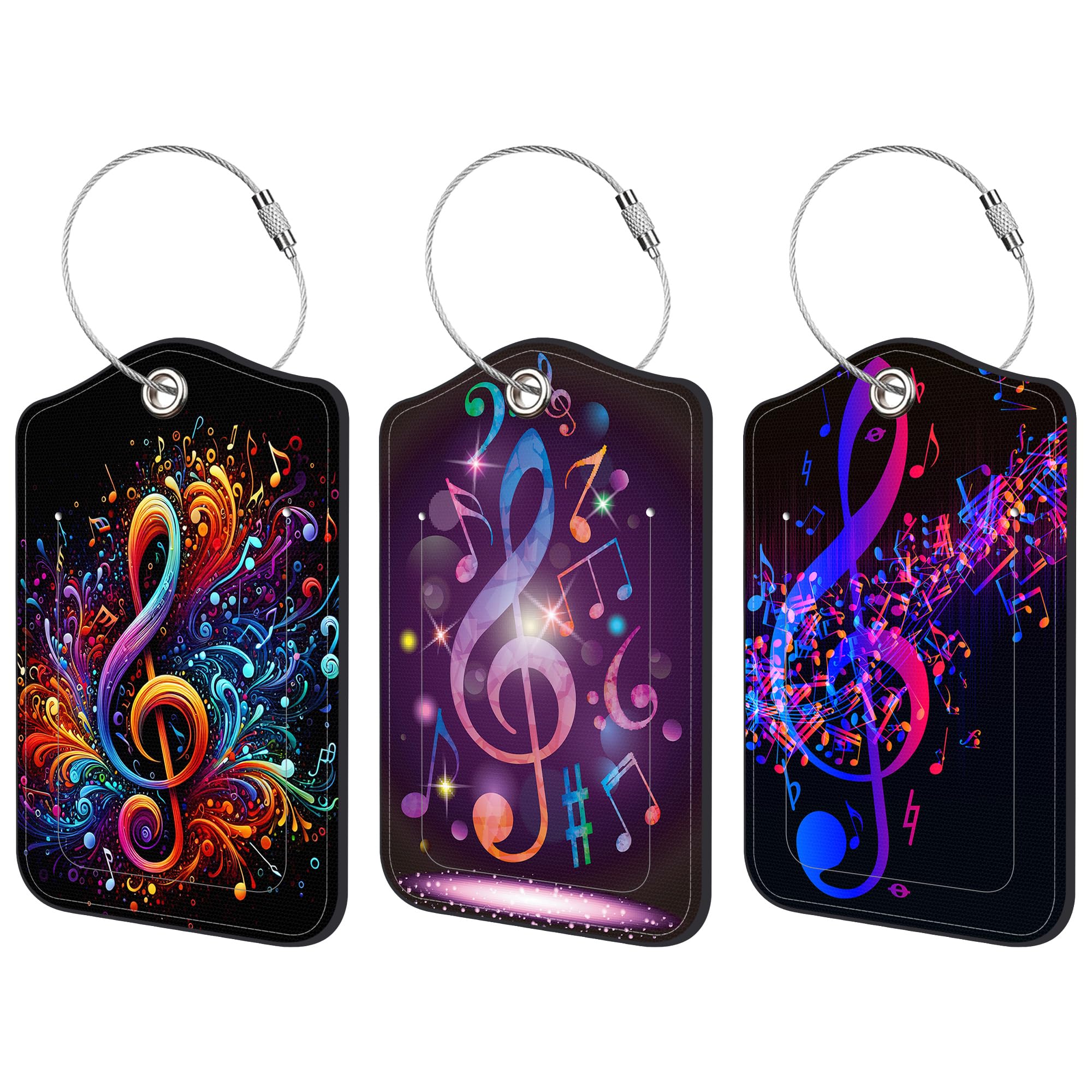 3 Pack PU Luggage Tags for Suitcase, Colorful Music Notes Suitcase Tag Leather Privacy Cover ID Label with Stainless Steel Loop for Baggage Handbag