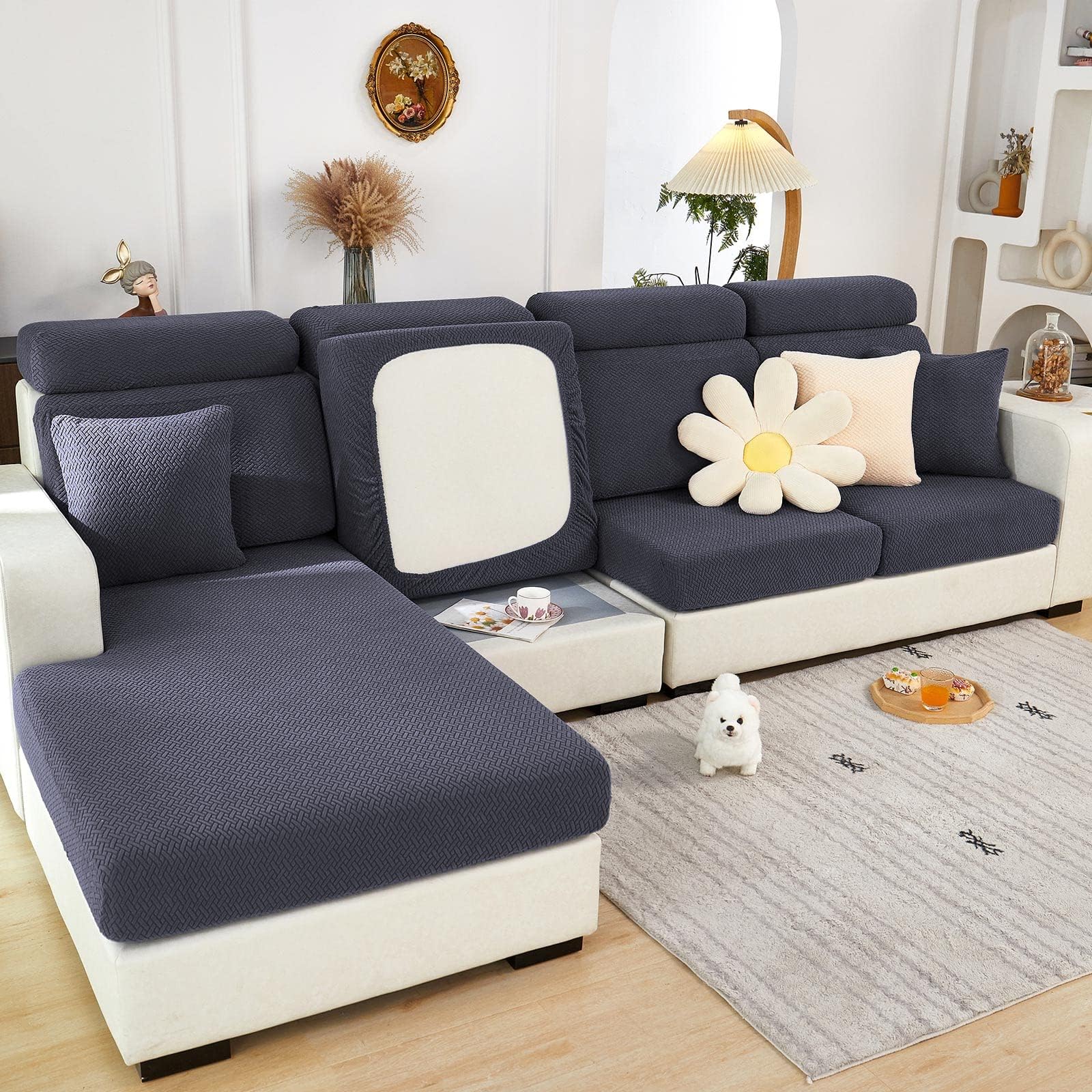 2024 New Wear-Resistant Universal Sofa Cover, Stretch Couch Cushion Slipcovers Replacement, Anti-Slip L Shape Sofa Covers, Chaise Lounge Sofa Slipcover (Weave Dark Grey,M Back Cover)