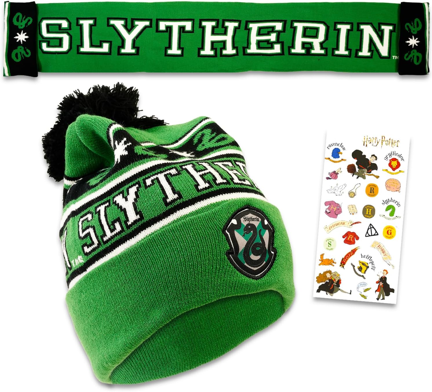 Harry Potter Slytherin Hat and Scarf Set for Kids - Hogwarts House Bundle with Slytherin Beanie and Scarf Plus Stickers | Harry Potter Winter Gear
