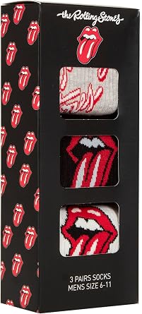 SockShop The Rolling Stones Men s 3 Pair Gift Boxed Socks   Cotton Rich Crew Length Music-Themed Novelty Designs Featuring Iconic Tongue Logo, Fun Present for Fans or Collectors