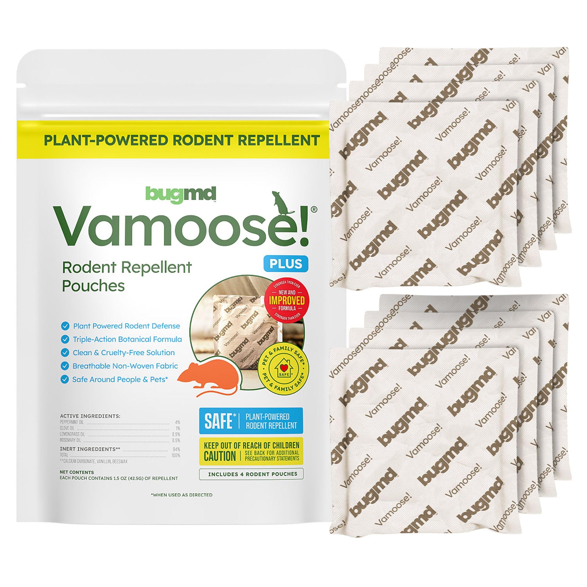 BugMD Vamoose! Plus Peppermint Oil Mouse Repellent Pouches | Natural Mice Repellent Indoor & Rat Deterrent for House, Garage, RV, Car & Storage | Plant-Powered Rodent Control - 2 Pack - 8 Pouches