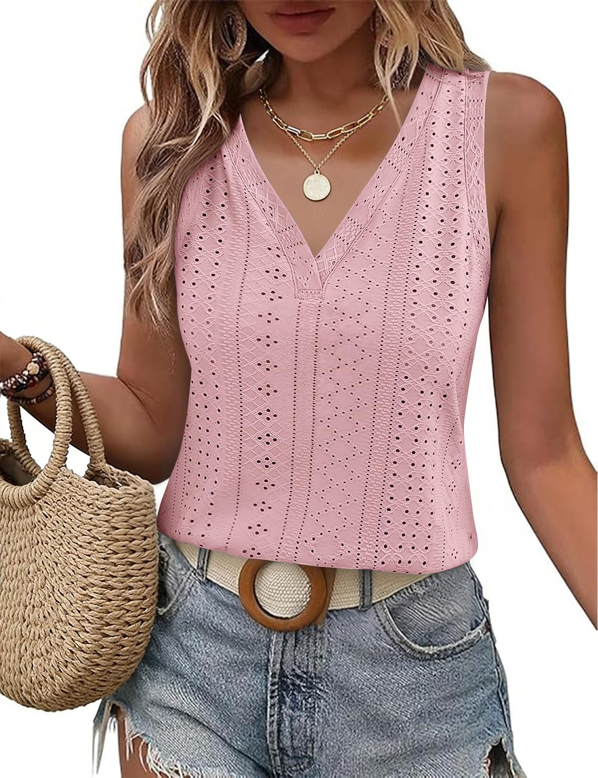 HEEKPEK Tank Top Damen Sommer V-Ausschnitt Ärmellose Oberteile Elegante Eyelet Stickerei Blusentop Casual Top Locker Tanktops Sexy Cami Trägertop Camisole Weste Shirt