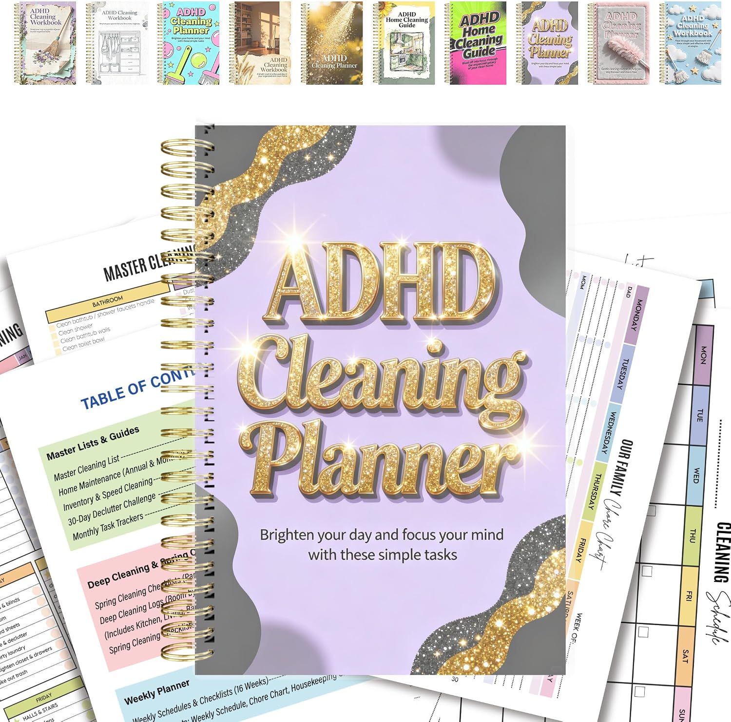 ADHD Cleaning Planner - Checklist Notebook for Executive Dysfunction - Comprehensive Room-by-Room Master Cleaning List & Weekly Schedule - A5 Spiral Bound 100gsm Thick Paper for Stress-Free Home Management (Glitter Lavender)
