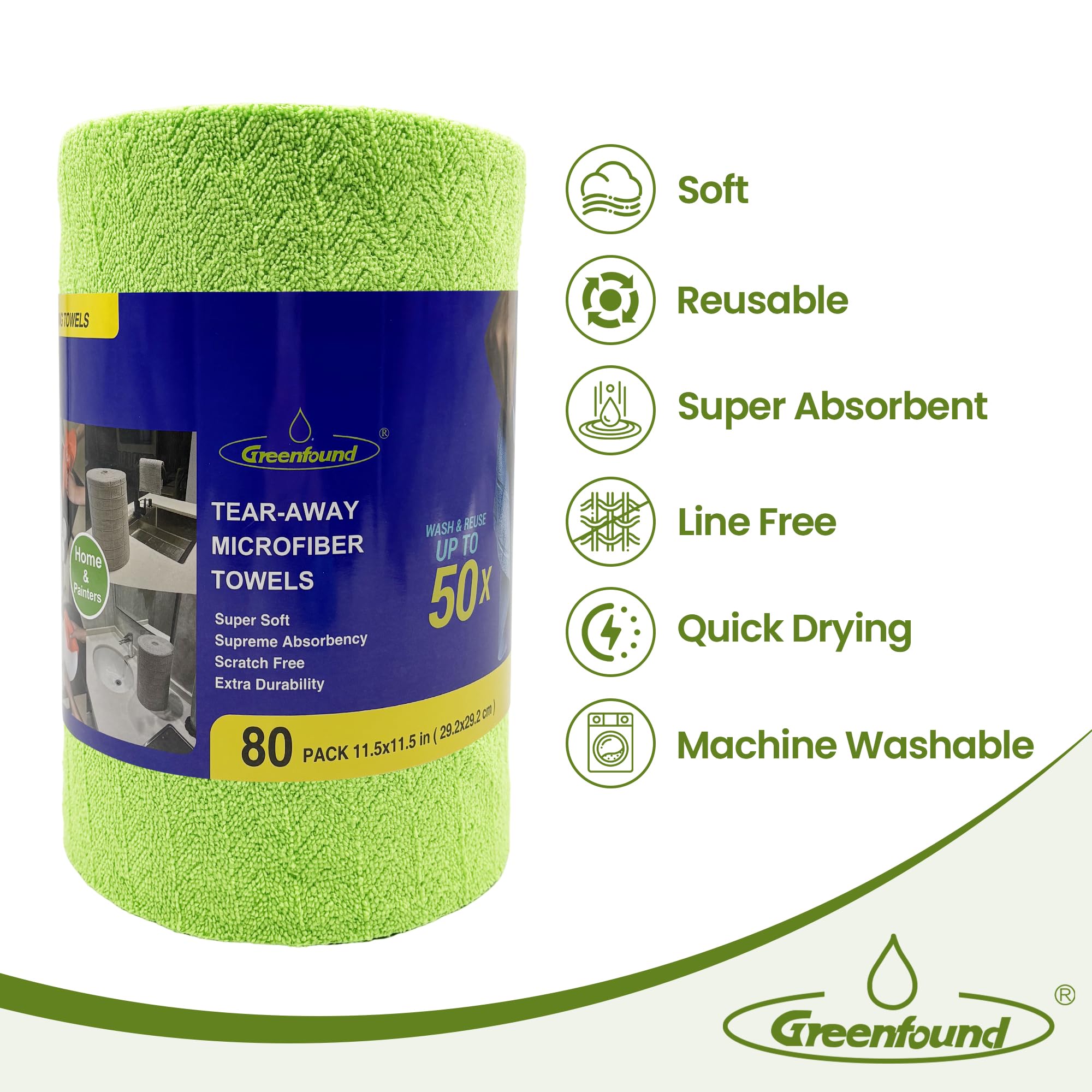 Greenfound Rollo de paño de limpieza de microfibra, paquete de 80, toallas de microfibra extraíbles para coche, toallas de papel reutilizables, lavables, absorbentes, sin pelusas, trapos de limpieza