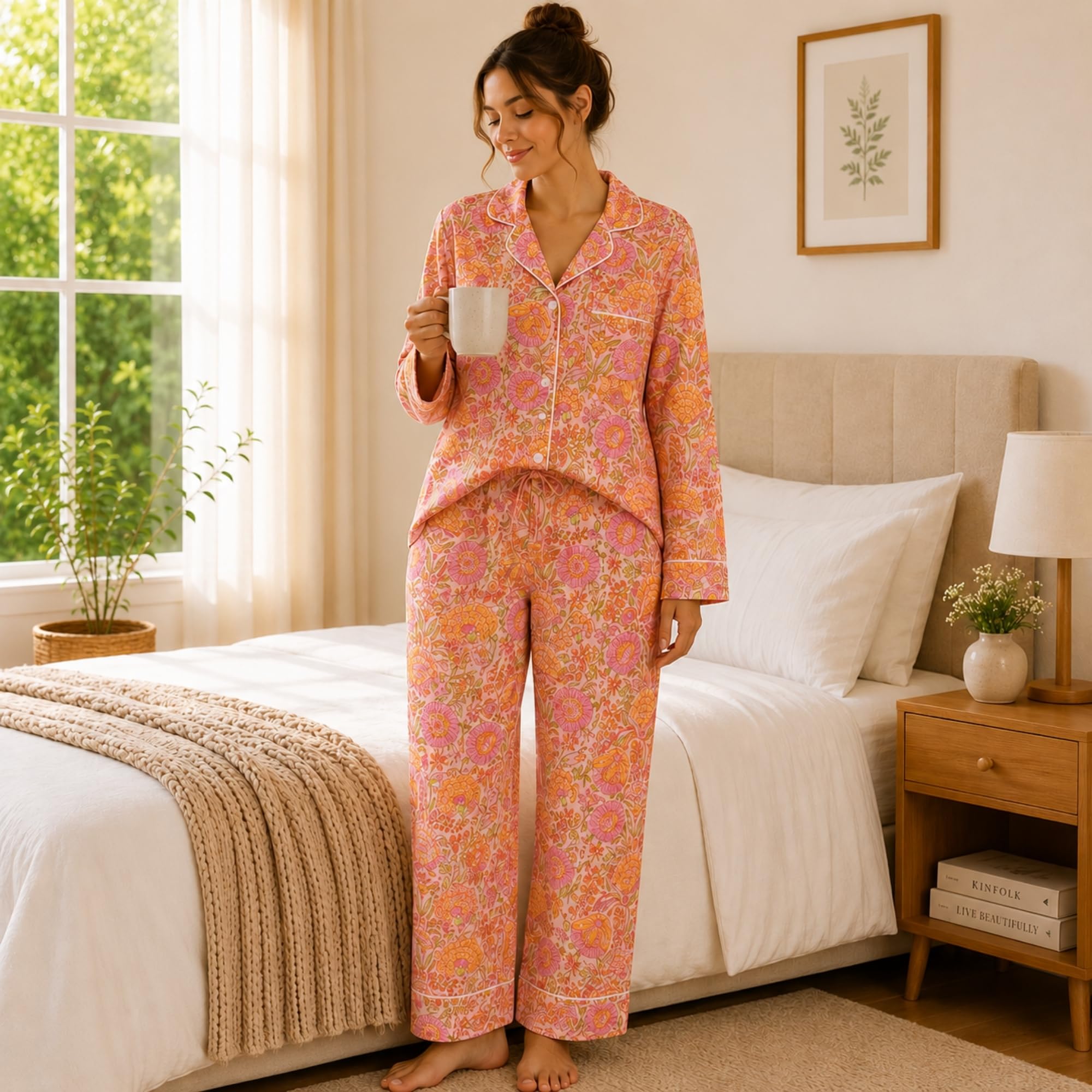 Huar Conjunto de pijama de algodón para mujer, conjunto de pijama de algodón de lujo para mujer, cómodo conjunto de pijama, transpirable y ligero