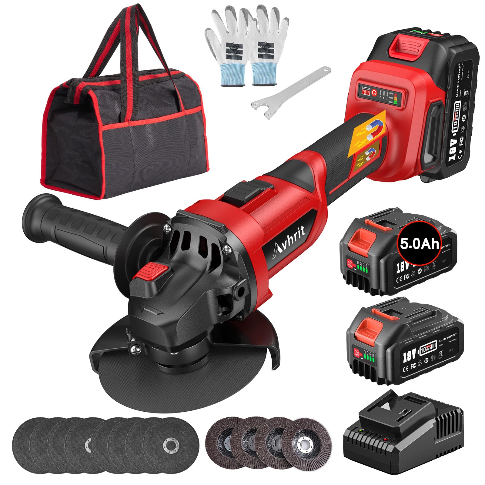 Smerigliatrice angolare a batteria con 2 x 5,0 Ah, 9500 giri/min, smerigliatrice angolare da 125 mm, senza spazzole, batteria Flex con dischi da taglio, mola per taglio, rimozione della ruggine