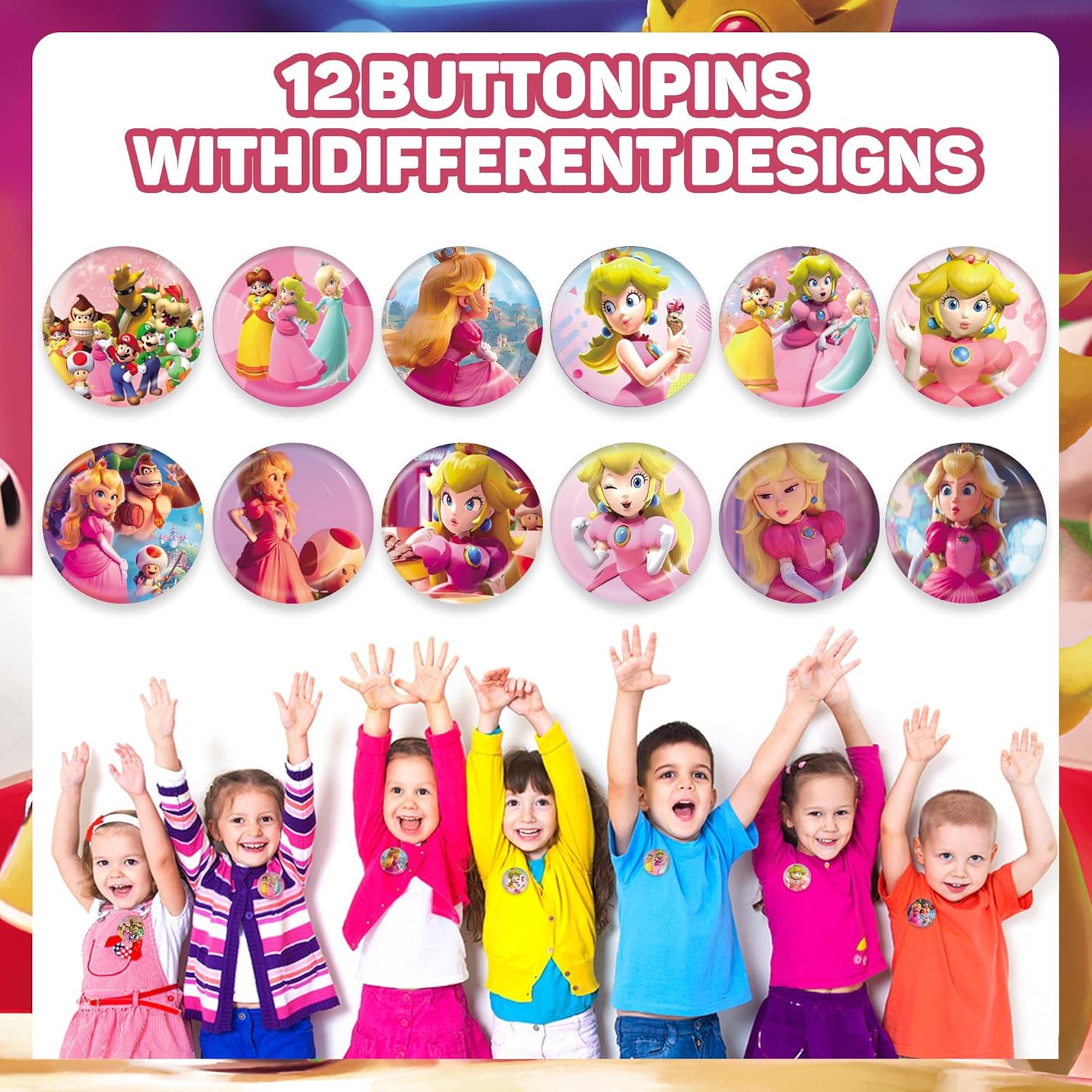 Princess Peach Birthday Party Supplies, Princess Peach Party Favors Include 12 Bracelets, 12 Button Pins, 50 Stickers, Princess Peach Theme Party Favors