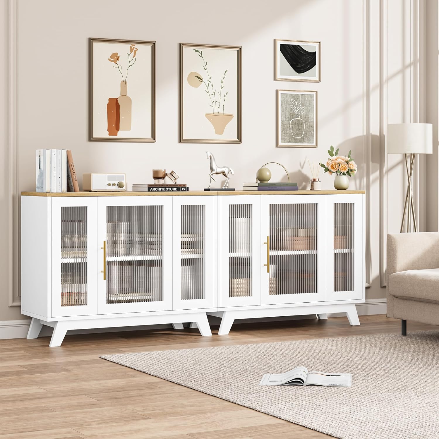 CABIHOME Buffet Cabinet, 36" Sideboard Buffet Storage Cabinet with Adjustable Shelves and Fluted Glass Door, Modern Coffee Bar, Table for Kitchen, Dining Room, Natural