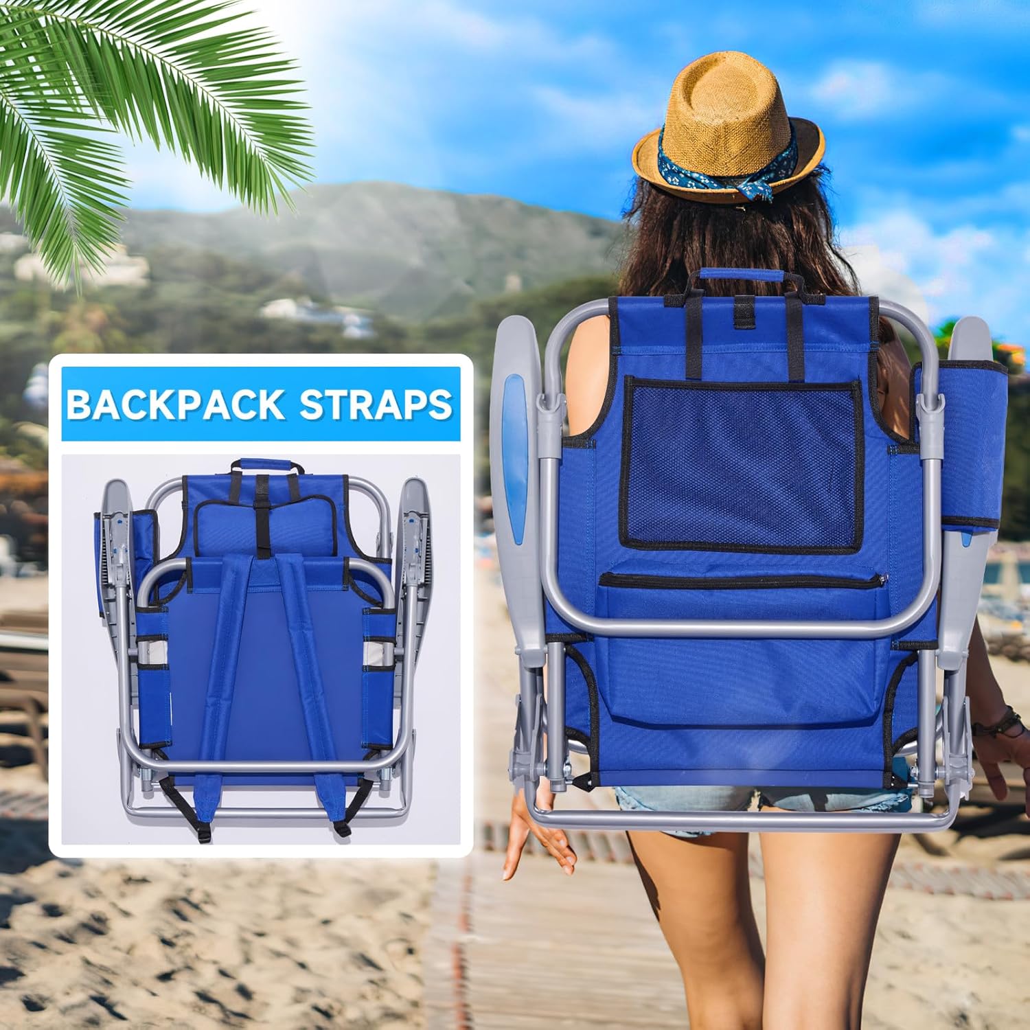 Portable Beach Chair for Adults, Outdoor Camping Chair Lay Flat Folding Backpack Beach Reclining Chair with 5 Positions, Headrest, Zipper Pouch, Cup Holder, Blue - Image 5