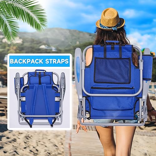 Miniatura 5 de Silla de playa portátil para adultos, silla de campamento al aire libre, mochila plegable plana, silla reclinable de playa con 5 posiciones,