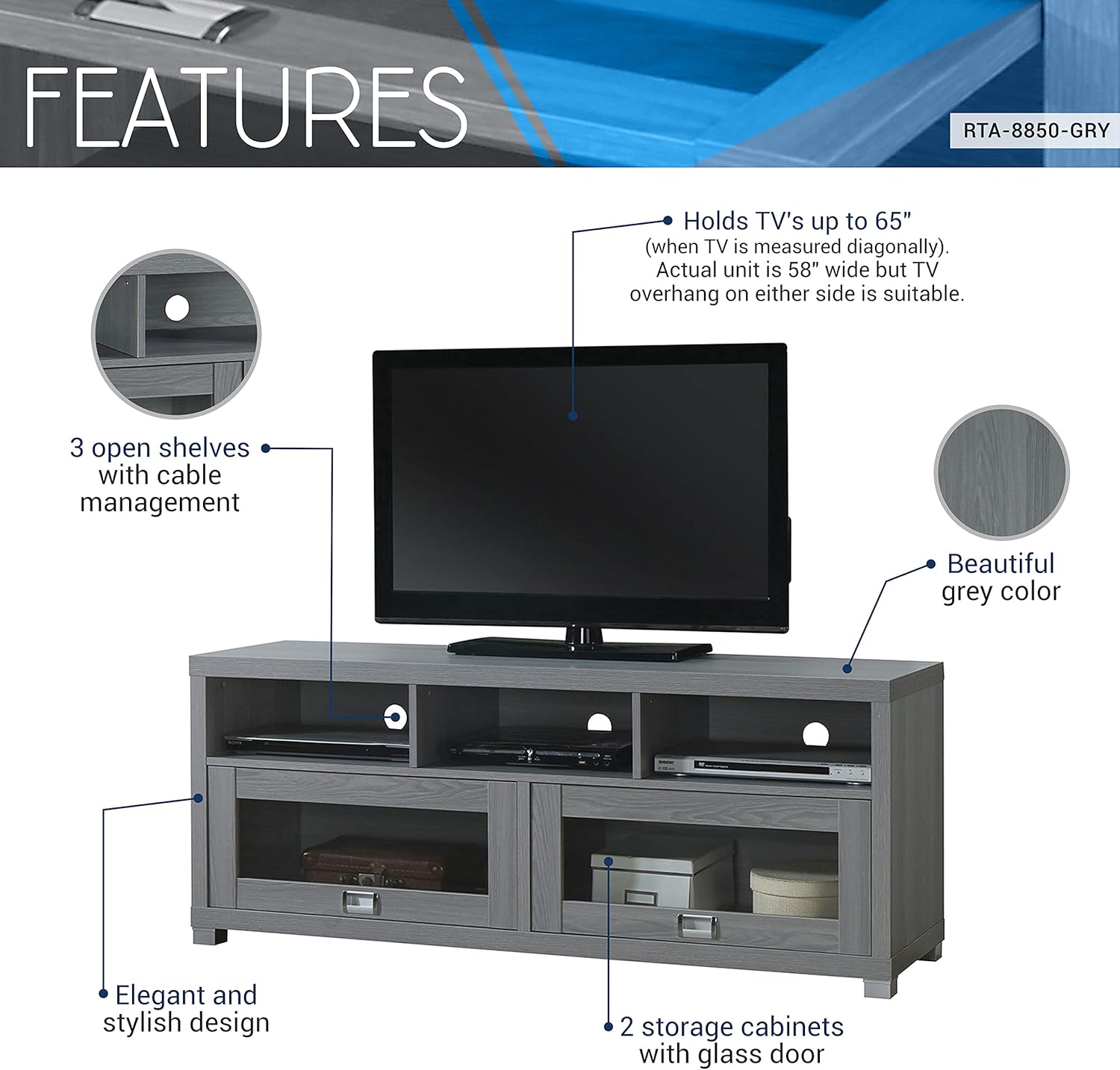 65” TV Stand with Storage & Glass Display Cabinets, Grey TV Stand for Living Room or Bedroom with Cable Management, Fits Screens up to 65 Inches When Measured Diagonally, Grey