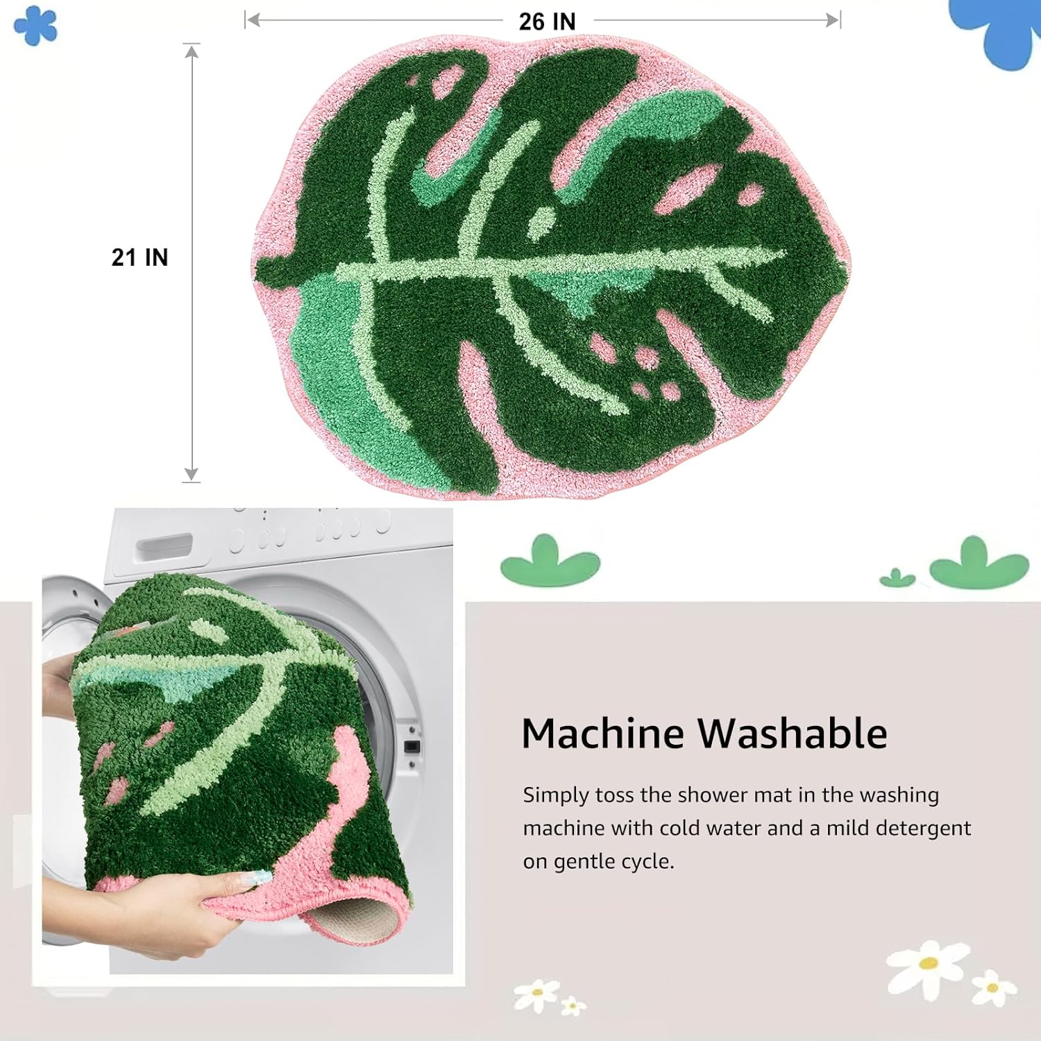 Sisher Leaf Rug,Monstera Bath Mat Cute Bathroom Mat Non Slip Palm Shaped Plush Fun Area Rug Bathtub Rugs Machine Washable Green and Pink Leaf Mat（21"X26"）