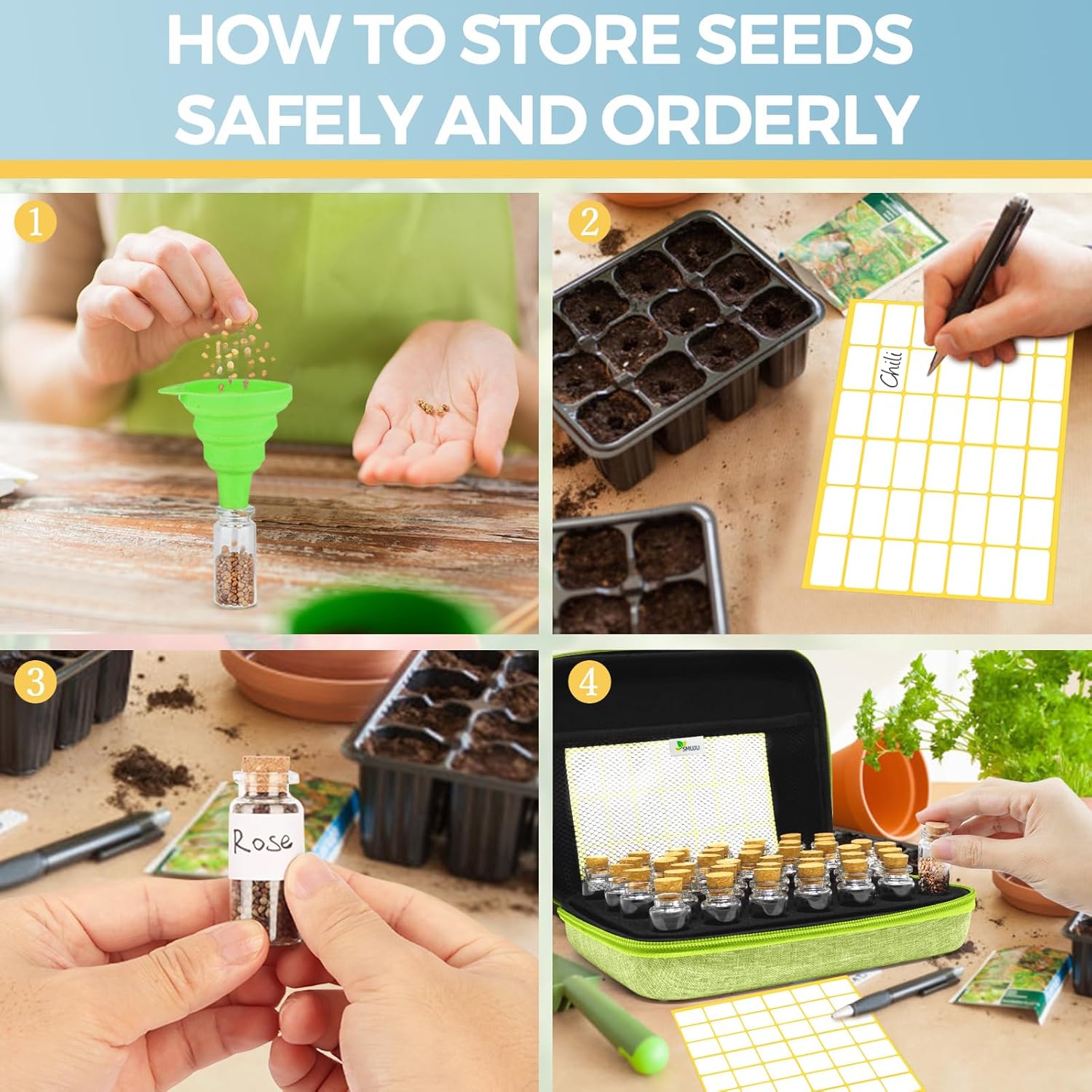 【40 Slots】 Seed Storage Organizer, Sturdy Organizer Box with Dual Zipper Bag and 42Pcs Label Stickers, Glass Seed Storage Container for Flower Vegetable Plants Garden Seeds Saving, Green - Image 6