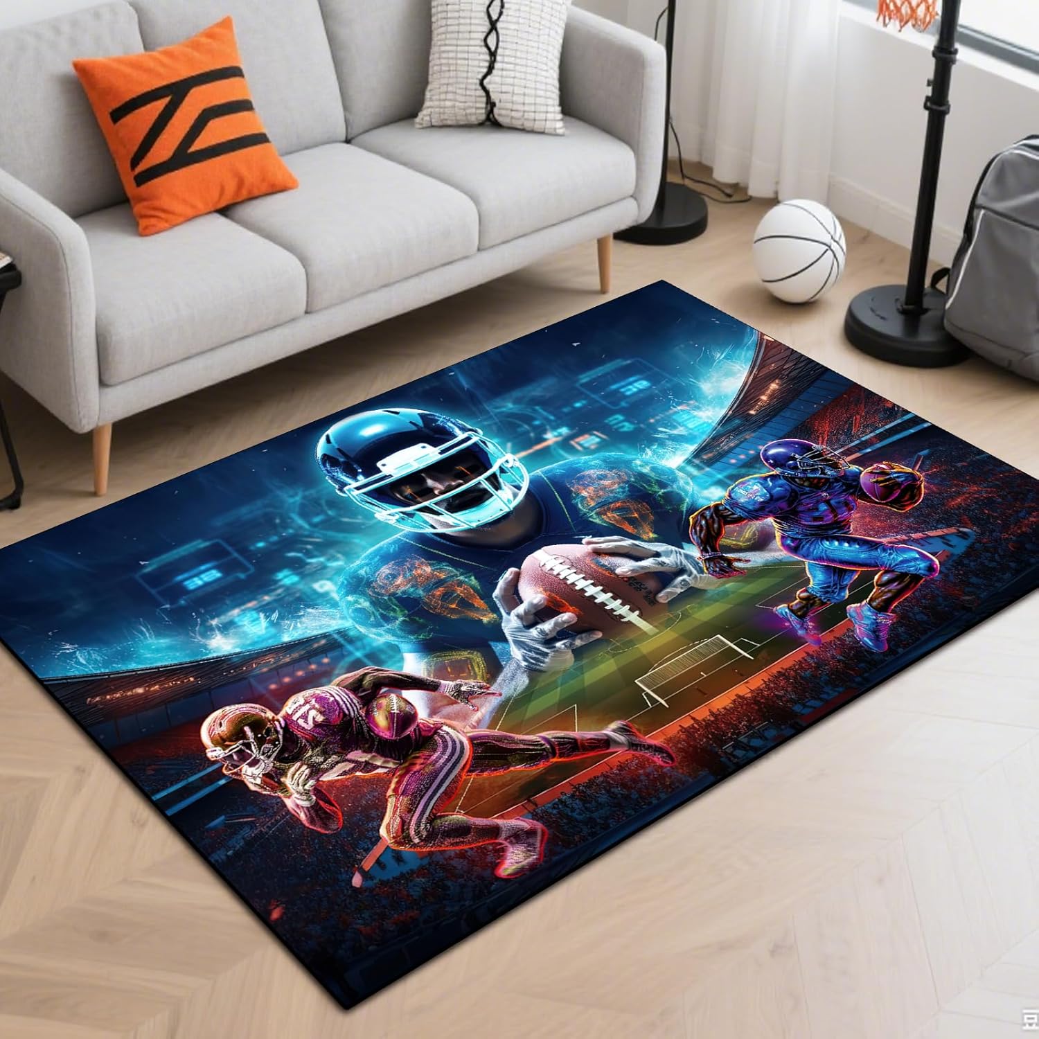 Washable Game Area Rug, Sports Ball Design Gaming Teen Carpet Rug Doormat, Non-Slip Low-Pile Floor Carpet for Computer Bedroom Indoor Front Entrance Living Room Office (American Football 2, 63" x 47")