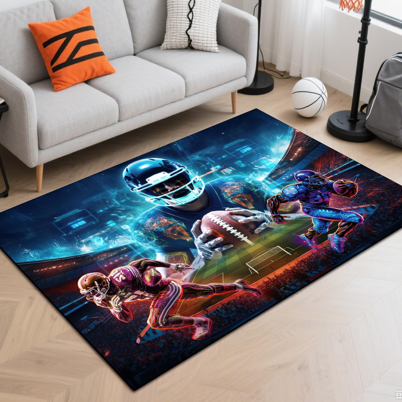 Washable Game Area Rug, Sports Ball Design Gaming Teen Carpet Rug Doormat, Non-Slip Low-Pile Floor Carpet for Computer Bedroom Indoor Front Entrance