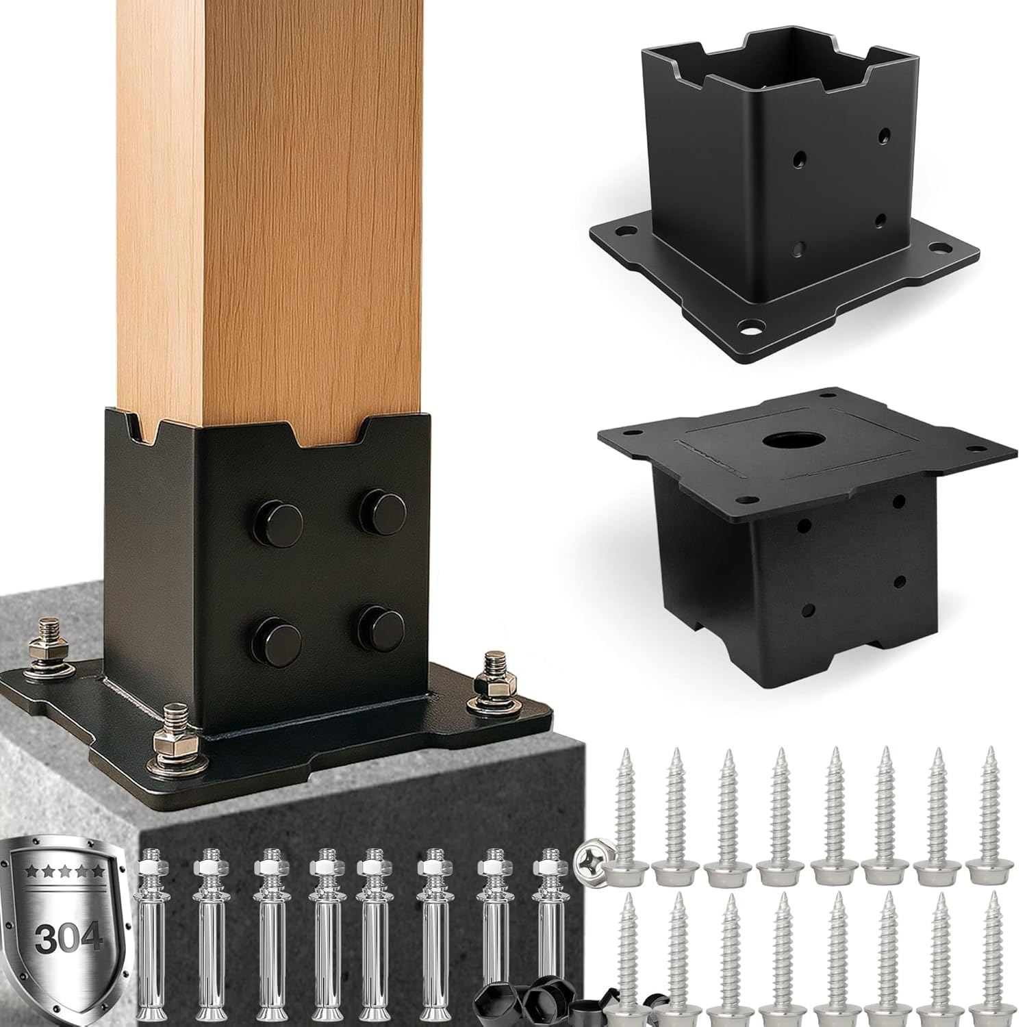 4x4 Post Base for Concrete 2 Pcs, 4x4 Concrete Post Anchor with Drainage Hole (Inner Size 3.6" x 3.6") for Pergola Gazebo Fence, Heavy Duty 4 x 4 Post Base Bracket Stainless Steel, Black