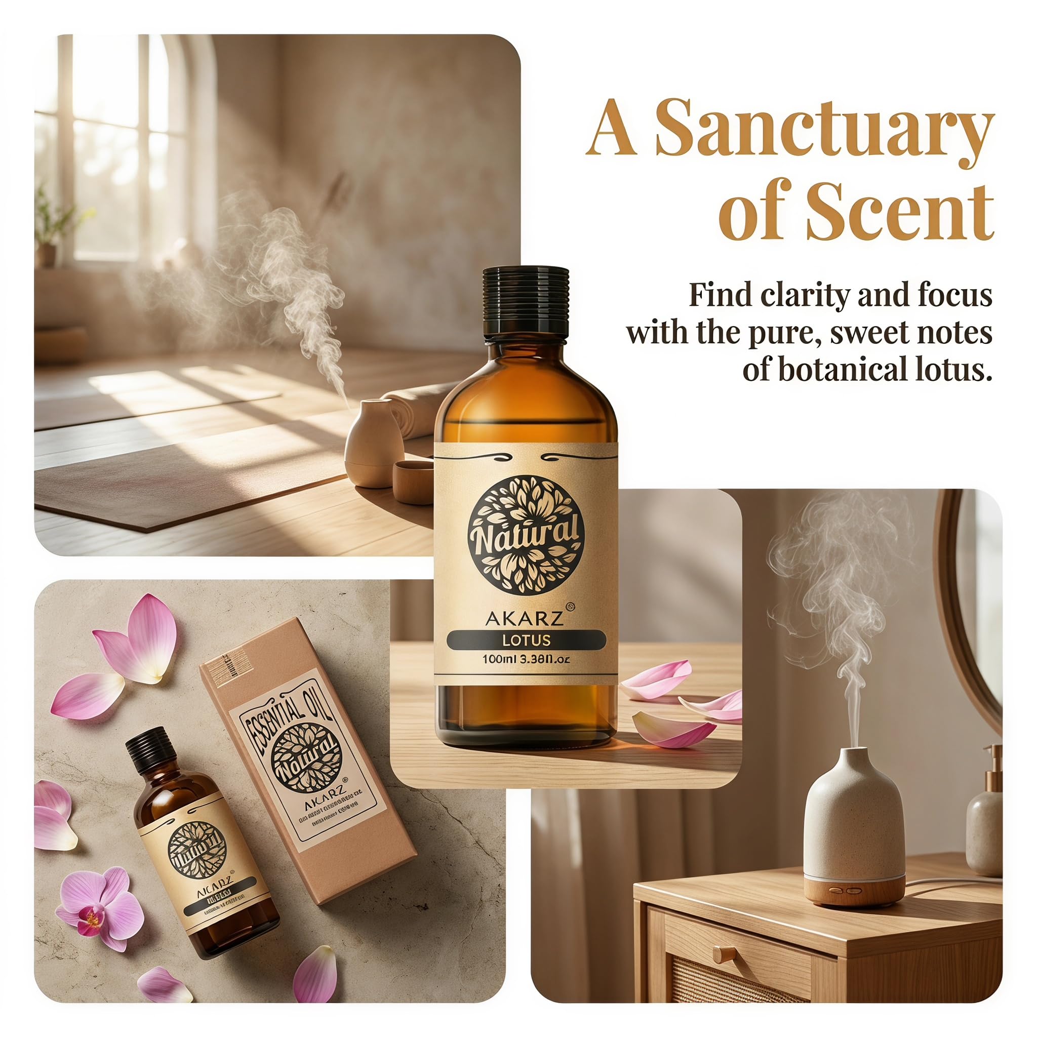 AKARZ 100ml Olejek esencjny z Lotosa - Naturalny olejek aromatyczny do dyfuzorów, lamp aromatycznych i aromatów pomieszczeń