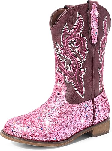 DREAM PAIRS Girls Cowgirl Boots Glitter Toddler Cowboy Boots Child Mid Calf Riding Shoes Party Birthday Dress Up for Toddler/Little/Big Kid,Size 8 Toddler,Pink,SKMB26002K