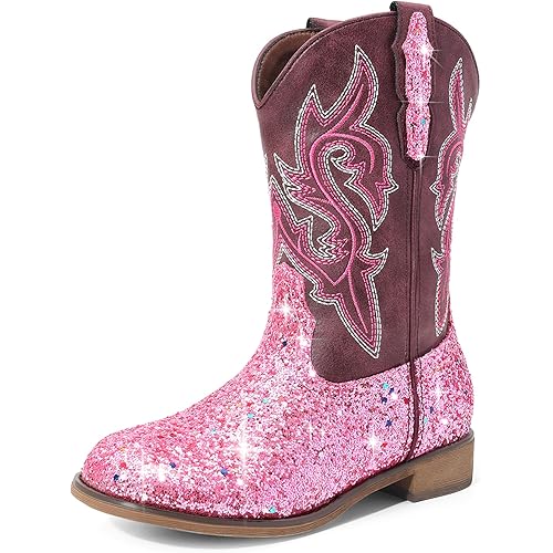 DREAM PAIRS Girls Cowgirl Boots Glitter Toddler Cowboy Boots Child Mid Calf Riding Shoes Party Birthday Dress Up for Toddler/Little/Big Kid