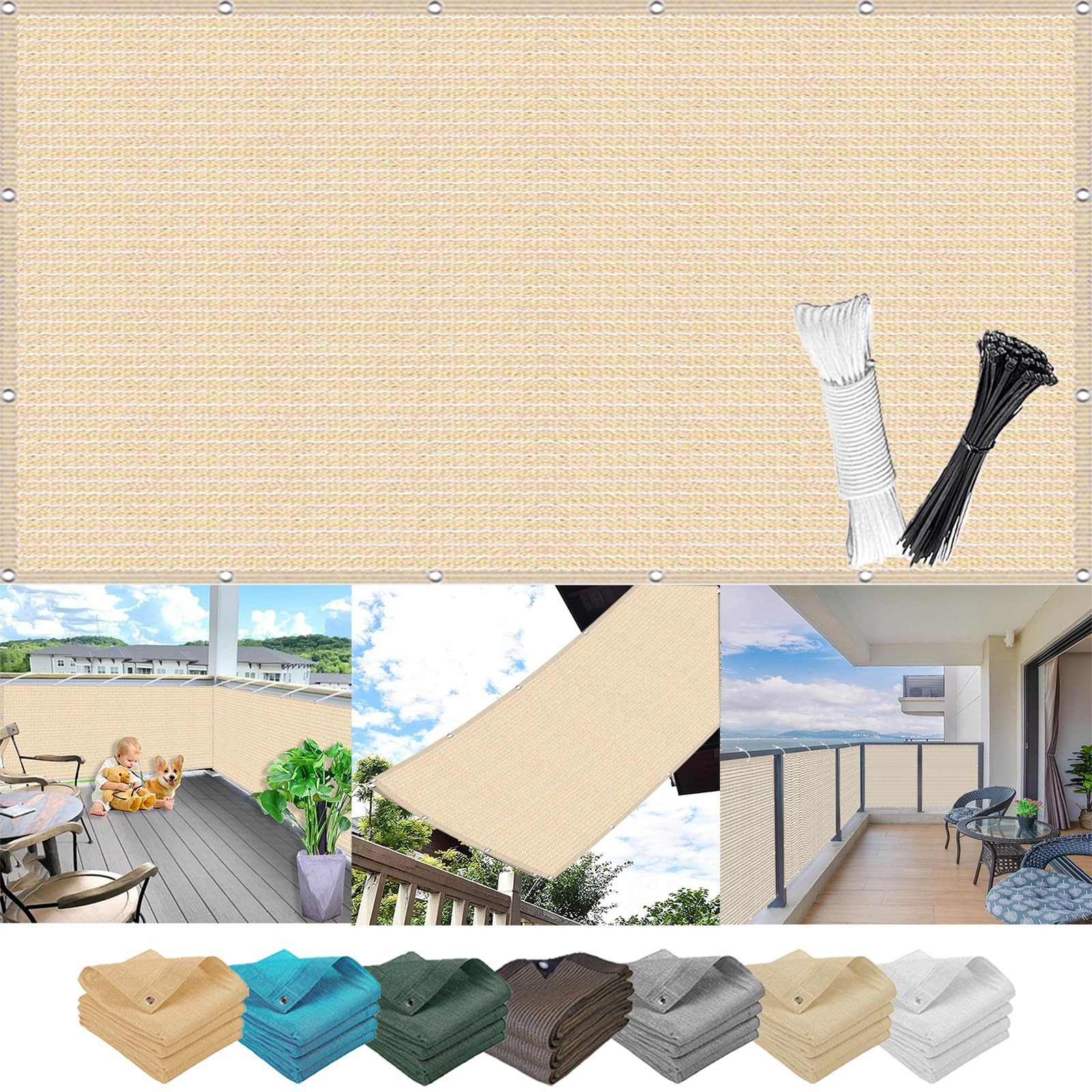 KLGFBDC Weatherproof Sun Shade Sail 4.5 x 6m 96% Privacy & Wind Protection DurableBalcony Cover Dust Shield with Cable Ties Ideal for Garden Beige