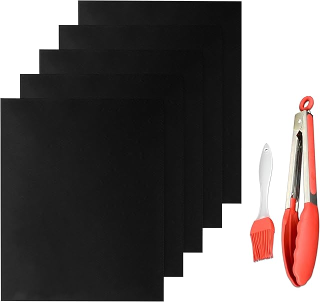 Annakj BBQ Grill Mat, Set of 5 Non-Stick Teflon Barbecue & Baking Sheets for Oven, Charcoal, Gas or Electric Grill - Heat Resistant, Reusable & Easy to Clean - Free 12" Tongs & Silicone Brush