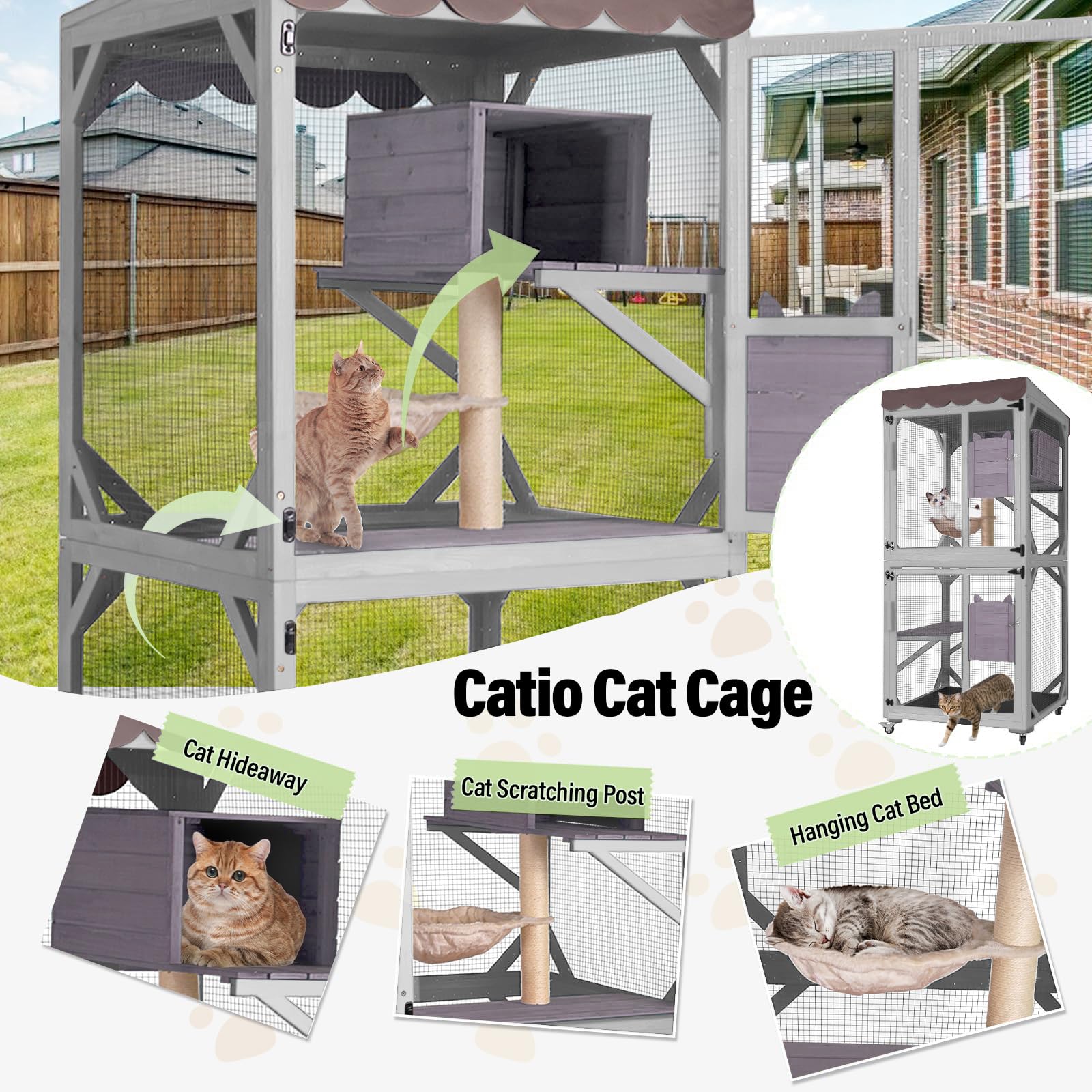 Seiyierr Catio - Jaula para gatos de 66 pulgadas H con ruedas, techo impermeable, estilo rascador y hamaca, jaula para gatos al aire libre, capa de PVC (gris)
