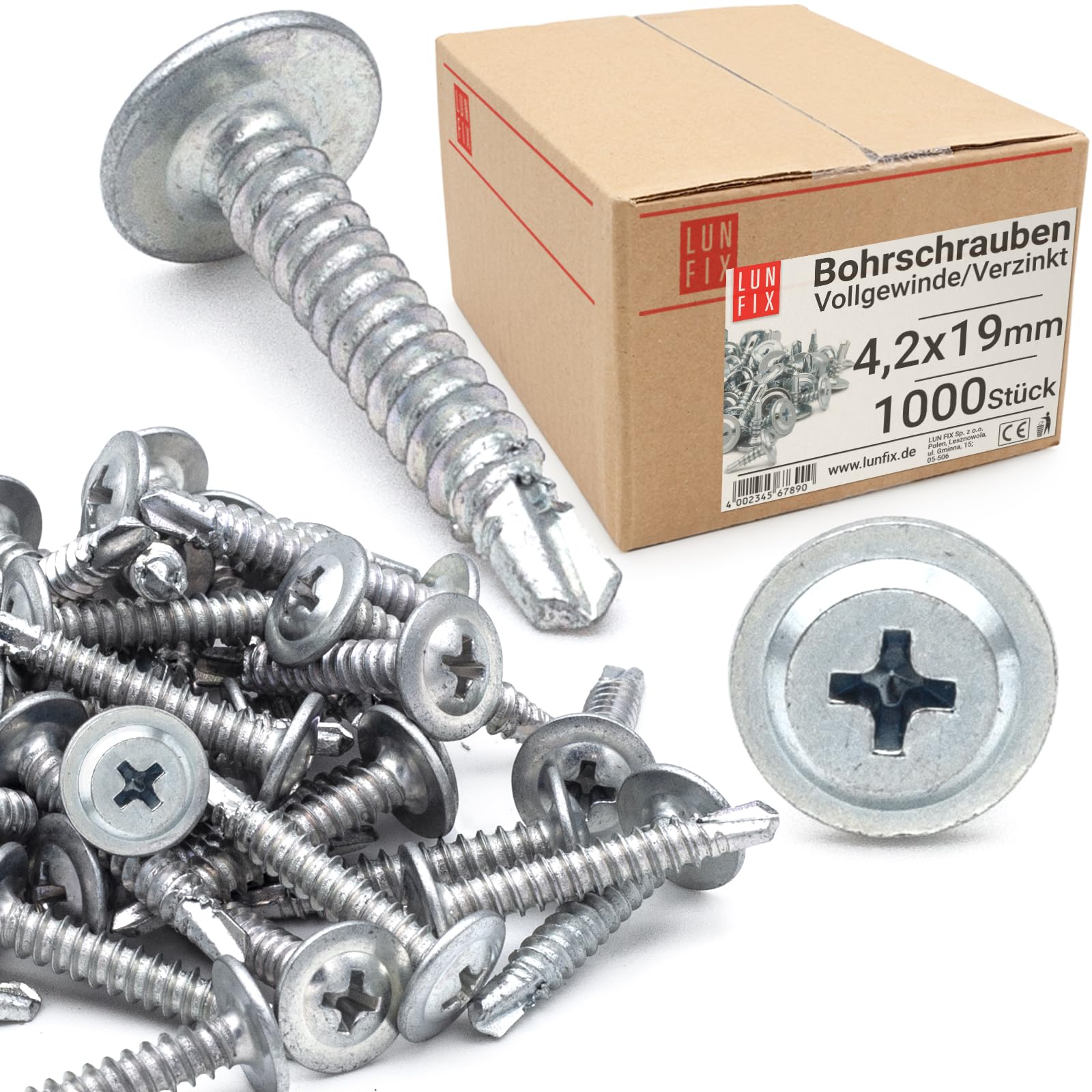 Viti autofilettanti per metallo 4,2x19mm, 1000 pezzi, viti autoperforanti zincate, testa bombata a croce PH, autofilettanti per lamiera in acciaio zincato per fissaggi rapidi e precisi, Lun Fix