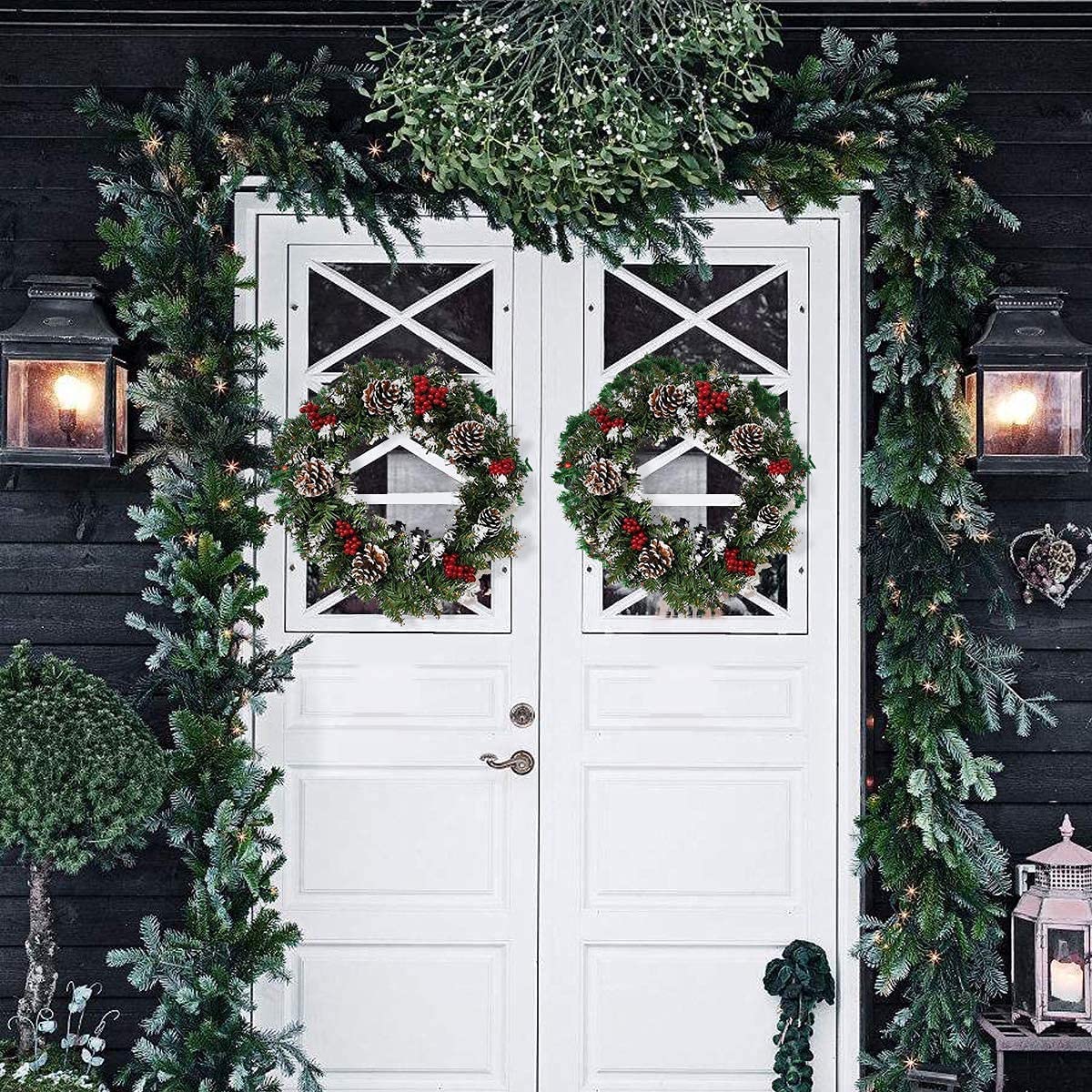 Corona de Navidad, corona de Navidad con luces, pequeña corona de Navidad artificial, copo de nieve de invierno, corona de Navidad para colgar en la puerta, decoración de Navidad