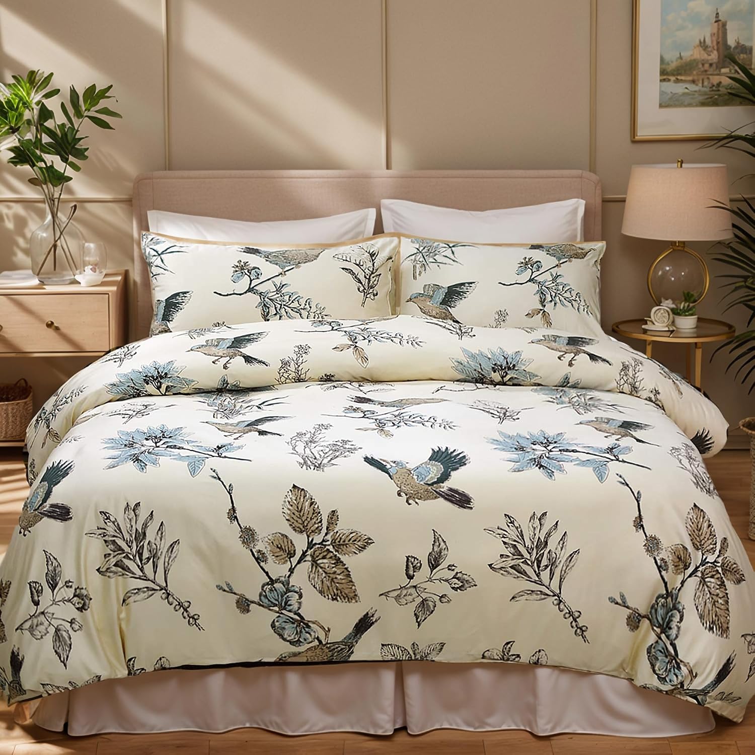 Helthep Floral Birds Bedding American Country Chic King 3Pcs Leaves Bird Duvet Cover Egyptian Cotton Super Soft for Naked Sleep Khaki Button Closure Bedding Set