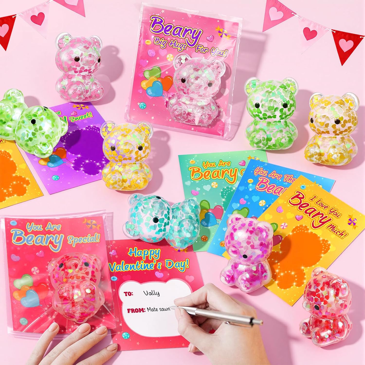24 Pack Valentine's Day Gifts Cards with Glitter Bears, Valentine Cards for Kids, Squeeze Fidget Toys Bulk for Classroom School Valentine's Gifts Exchange, Valentine Party Favors for Boys Girls