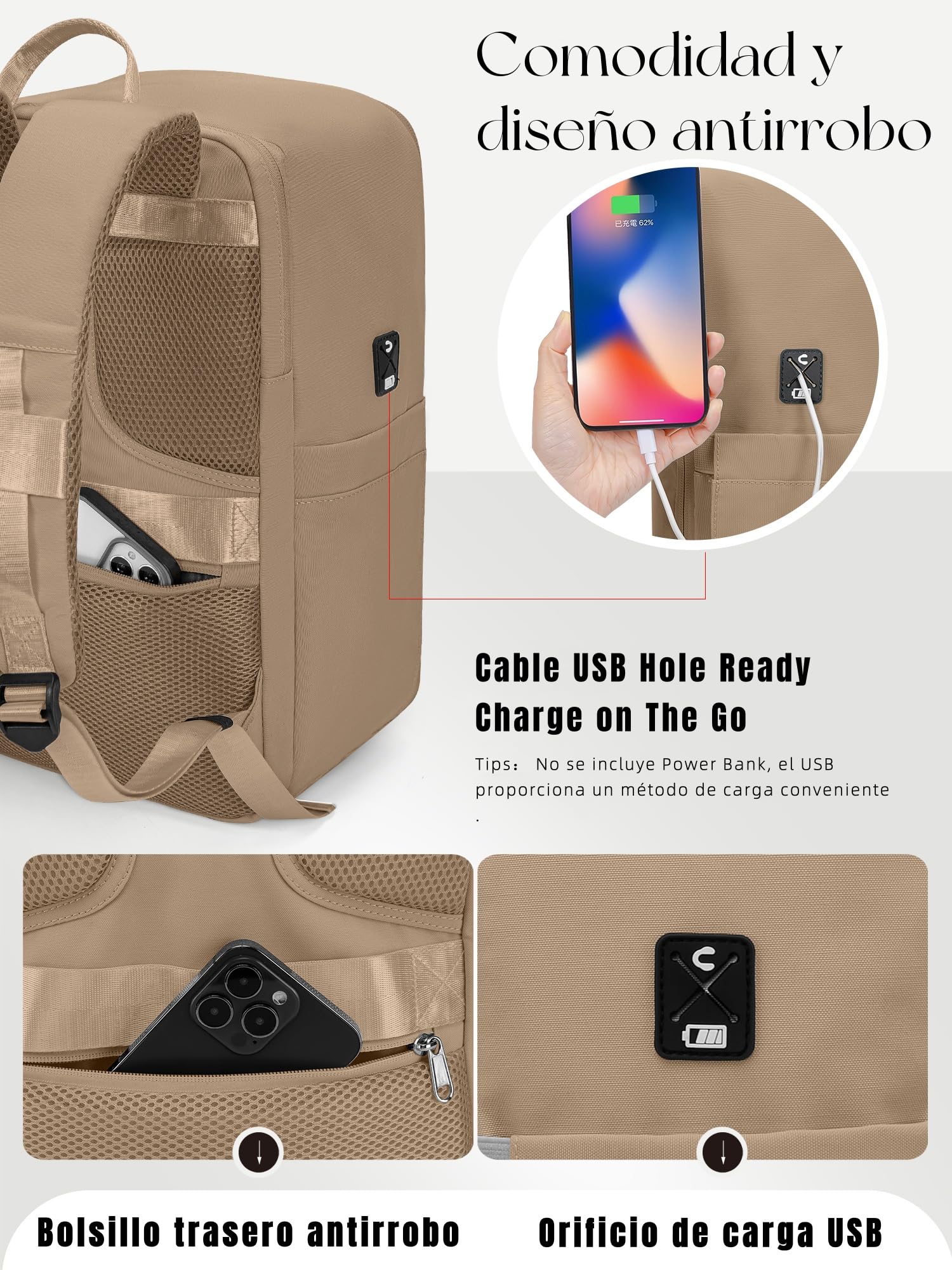 RuoSien per Zaino Ryanair 40x20x25, Zaino Bagaglio a Mano 40x20x25 per Ryanair,zaino da viaggio aereo bagaglio a mano zaino aereo per Ryanair e Altri Aerei Con Tasca Antifurto (Cachi)