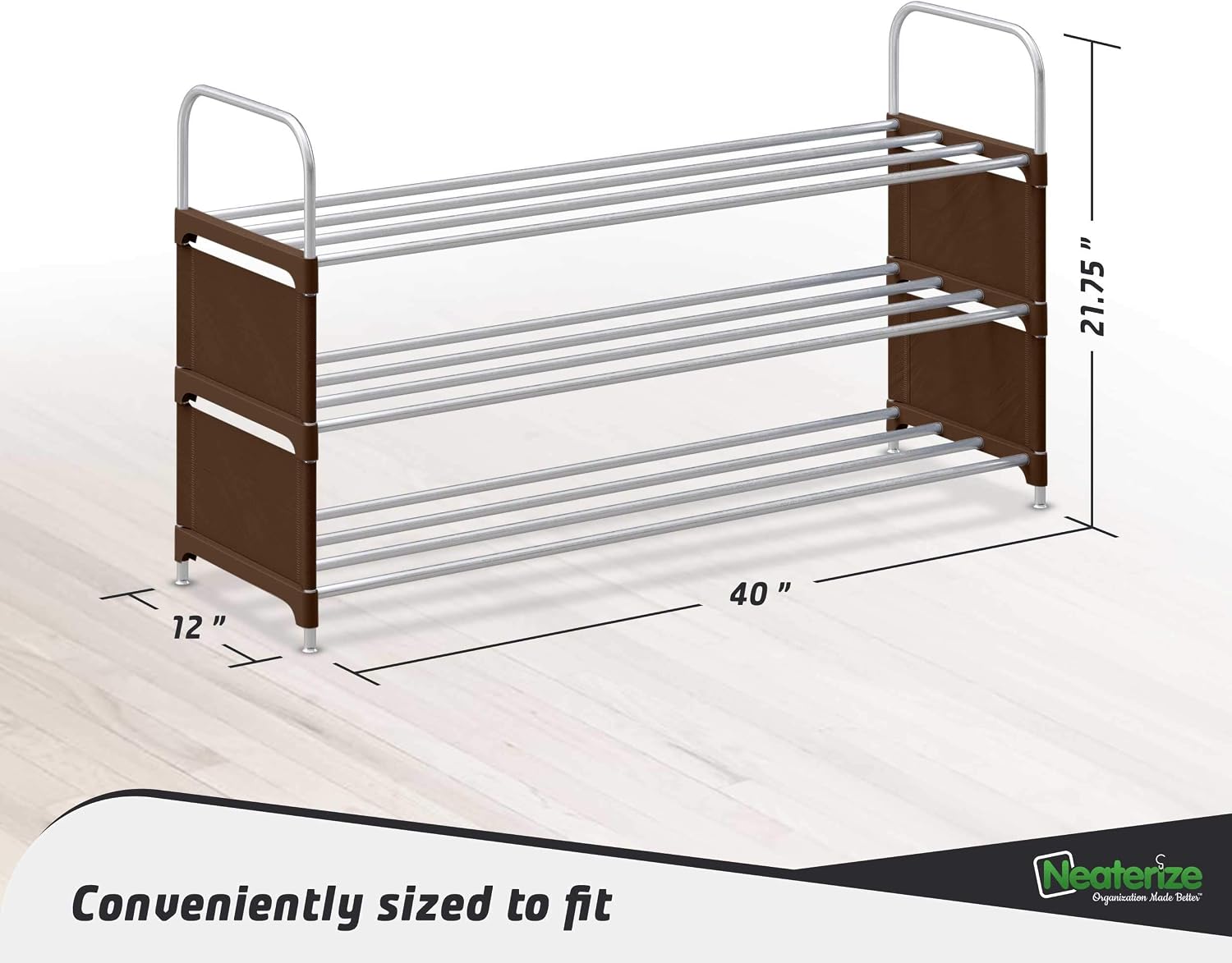 NEATERIZE 3 Tier Wide Shoe Rack | Stackable, Metal, Closet Shoe Organizer | Shoe Shelf Cabinet | Organizador De Zapatos | Shoe Rack For Closets, Entryway, Living Room And Bedroom (Brown)