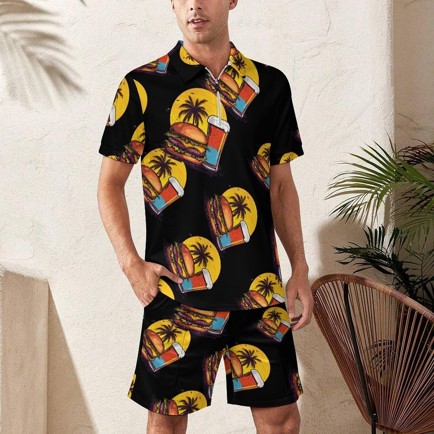 Burger And Beer Mens Polo Shirts Track Suits 2 Piece Short Sleeve Sweatsuit 1/4 Zip Golf Loungewear for Sports