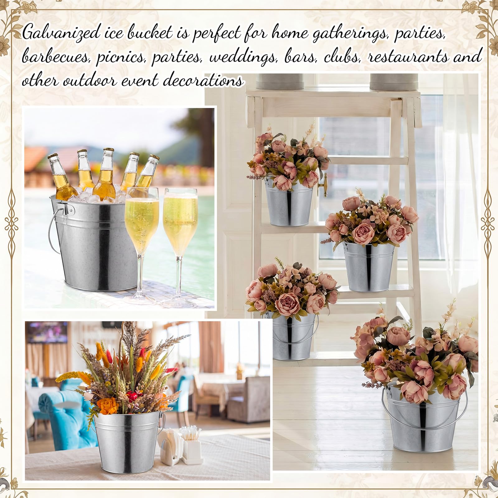 Zopeal 12-teiliges verzinktes Bierkübel-Set, enthält 8 Metall-Eiskübel mit 2 Schaufeln und 2 Zangen, runde silberfarbene Eimer, Großpackung für Hochzeiten, Geburtstage, Strand, Pool