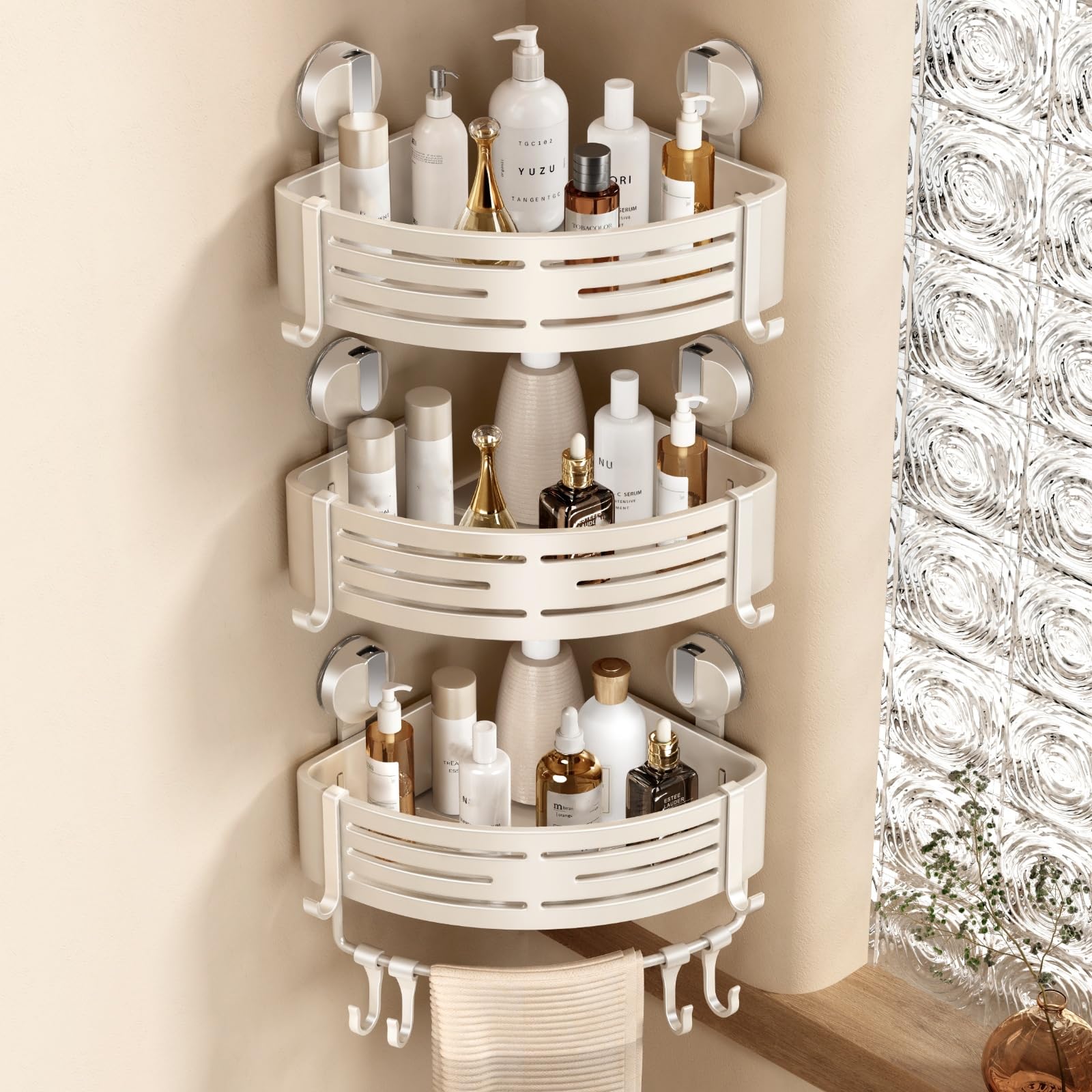 VOLPONE Corner Shower Caddy Suction Cup Shower Shelf Corner No Drilling Bathroom Shower Organizer Storage Rack Adhesive with