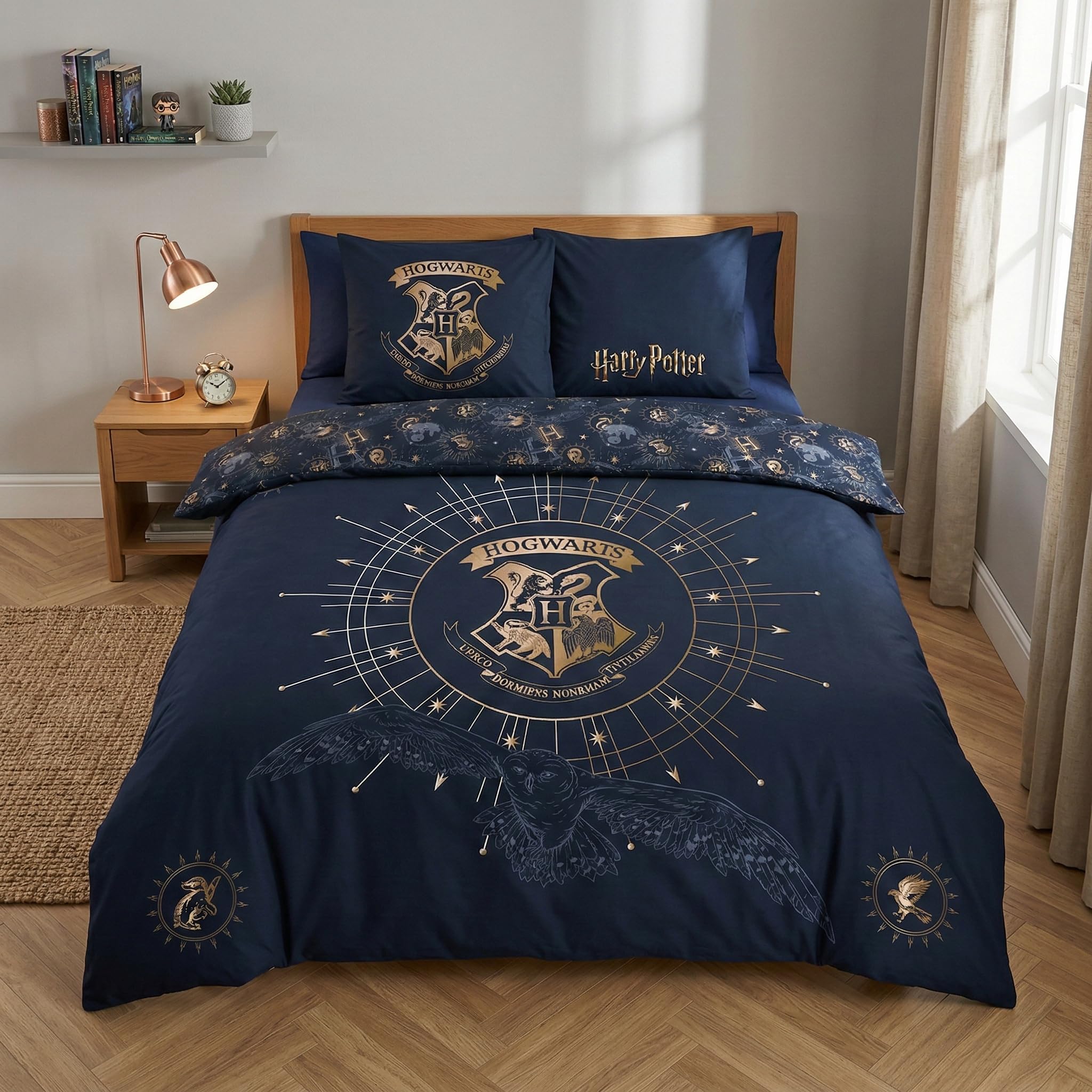 Harry Potter Funda Nórdica Cama 150 240x220 + 2 Fundas Almohada Azul Or | Ropa de cama 2 personas reversible | Polialgodón secado rápido Oeko-Tex | Licencia oficial | Regalo | Lavable a máquina