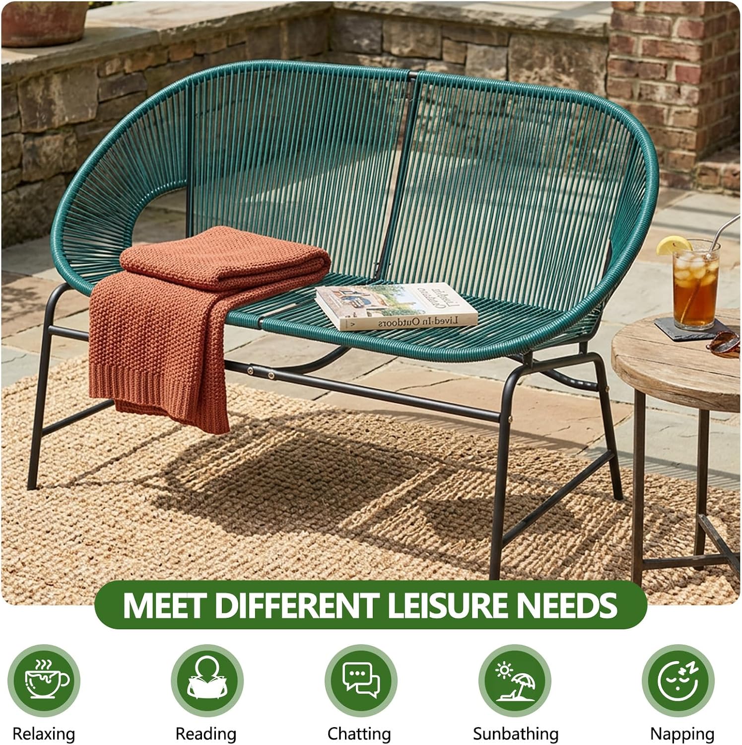 Outdoor Wicker Loveseat, PE Rattan Oval Sofa with Robust Iron Frame, All Weather 2-Seater Green Wicker Sofa for Garden Porch Backyard (Teal)